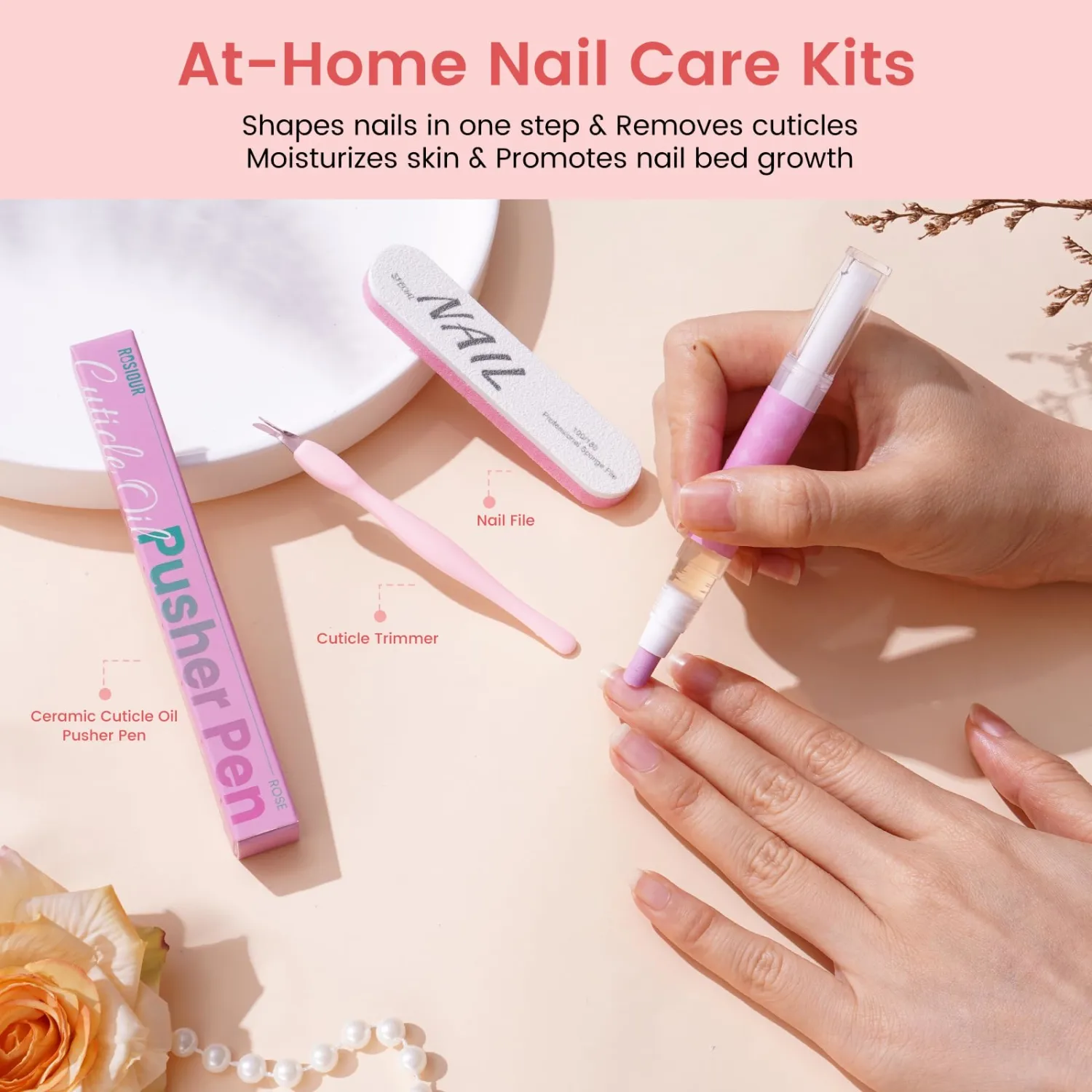 Cuticle Pusher Oil Pen for Nails, 3 in 1 Ceramic Cuticle Remover with Oil