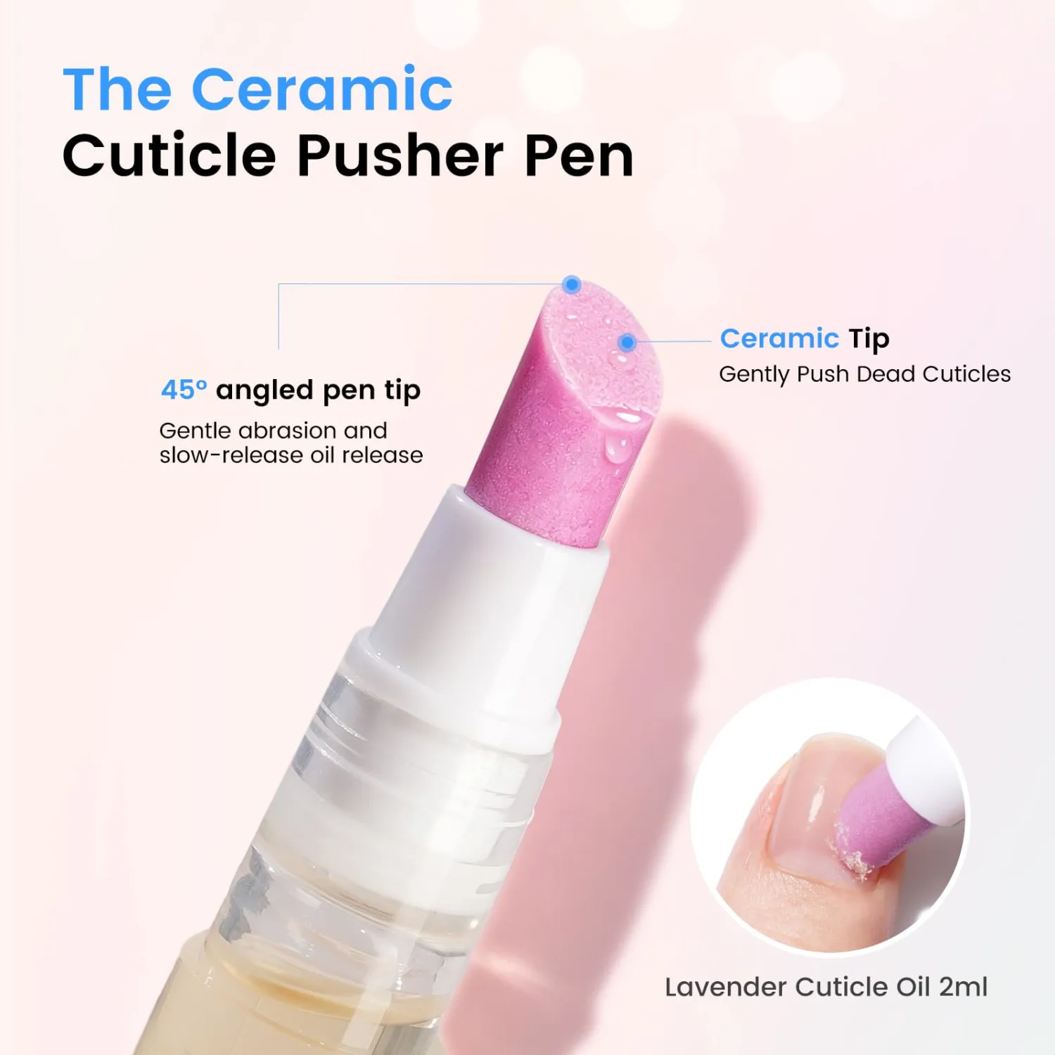 Cuticle Pusher Oil Pen for Nails, 3 in 1 Ceramic Cuticle Remover with Oil