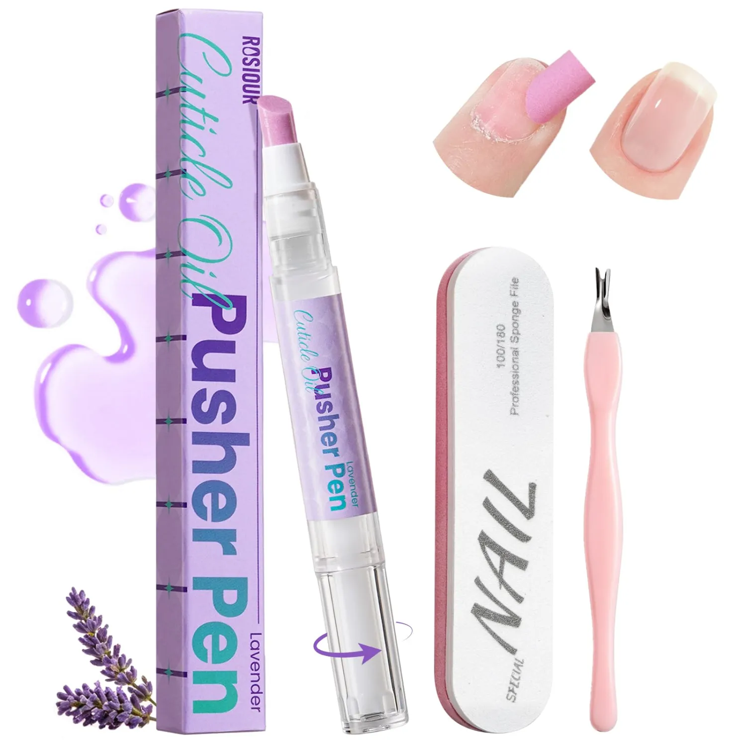 Cuticle Pusher Oil Pen for Nails, 3 in1 Ceramic Cuticle Remover with Oil