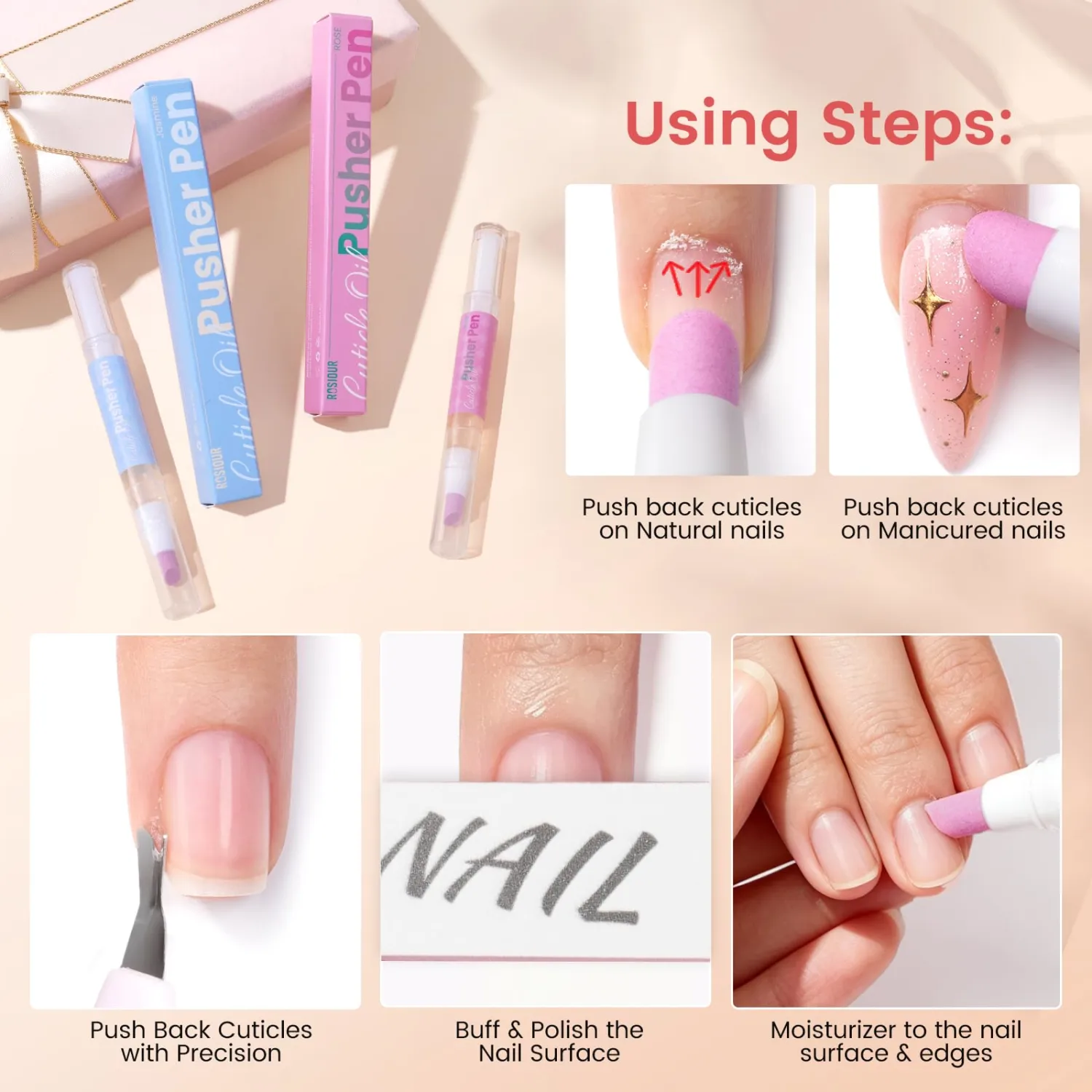 Cuticle Pusher Oil Pen for Nails, 3 in 1 Ceramic Cuticle Remover with Oil