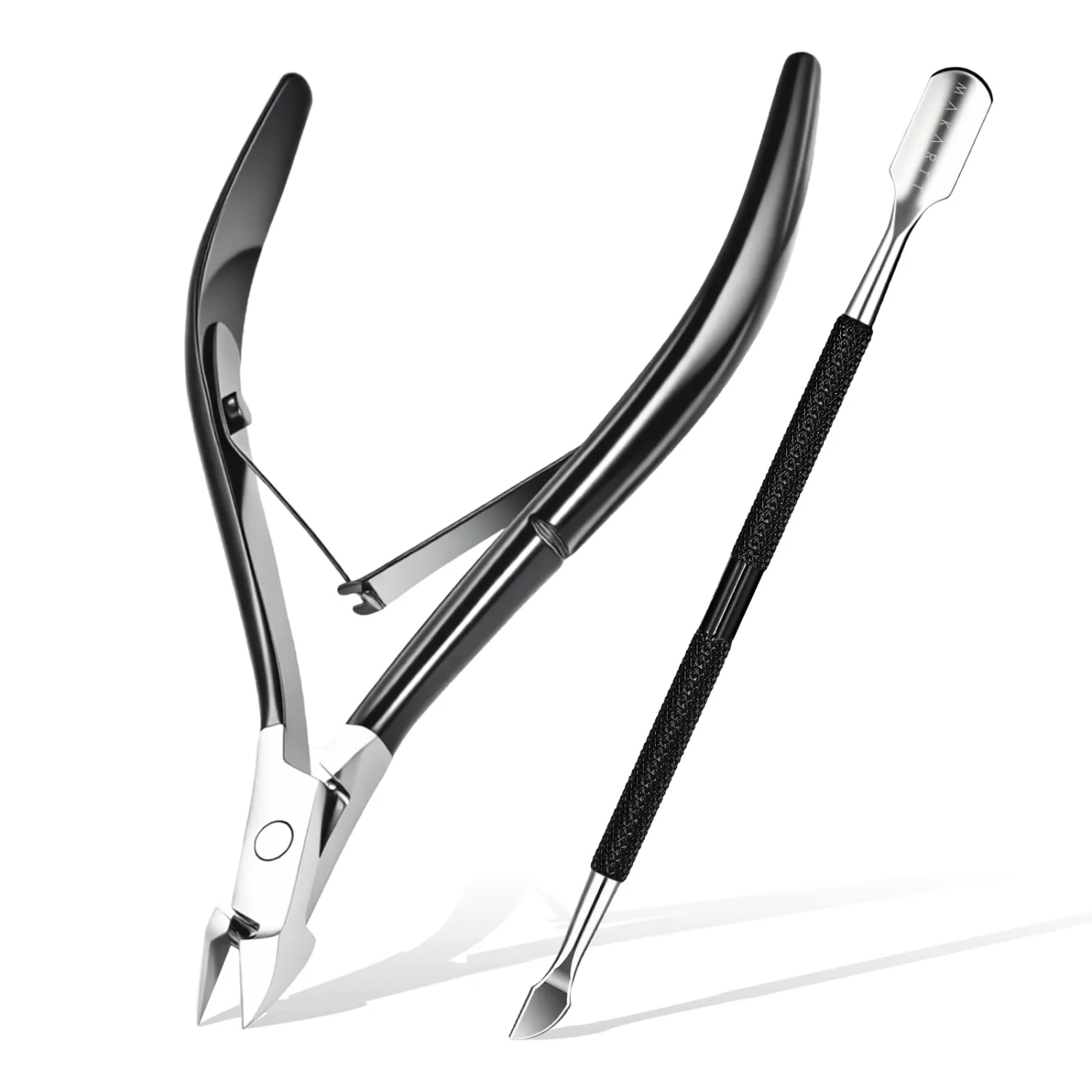 Makartt 7mm Black Sharp Cuticle Nipper and Pusher Set, Stainless Steel