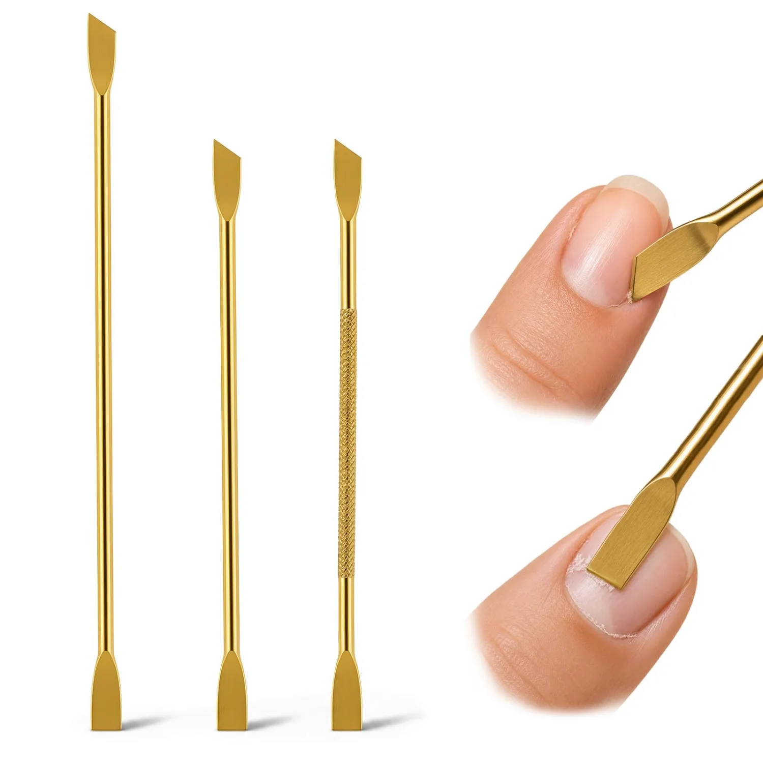 3PCS Cuticle Pusher Set – Professional Stainless Steel Dual-Ended Nail Tool with Flat & Angled Heads, Dead Skin & Gel Polish Remover for Salon and Home Manicure Pedicure, Gold