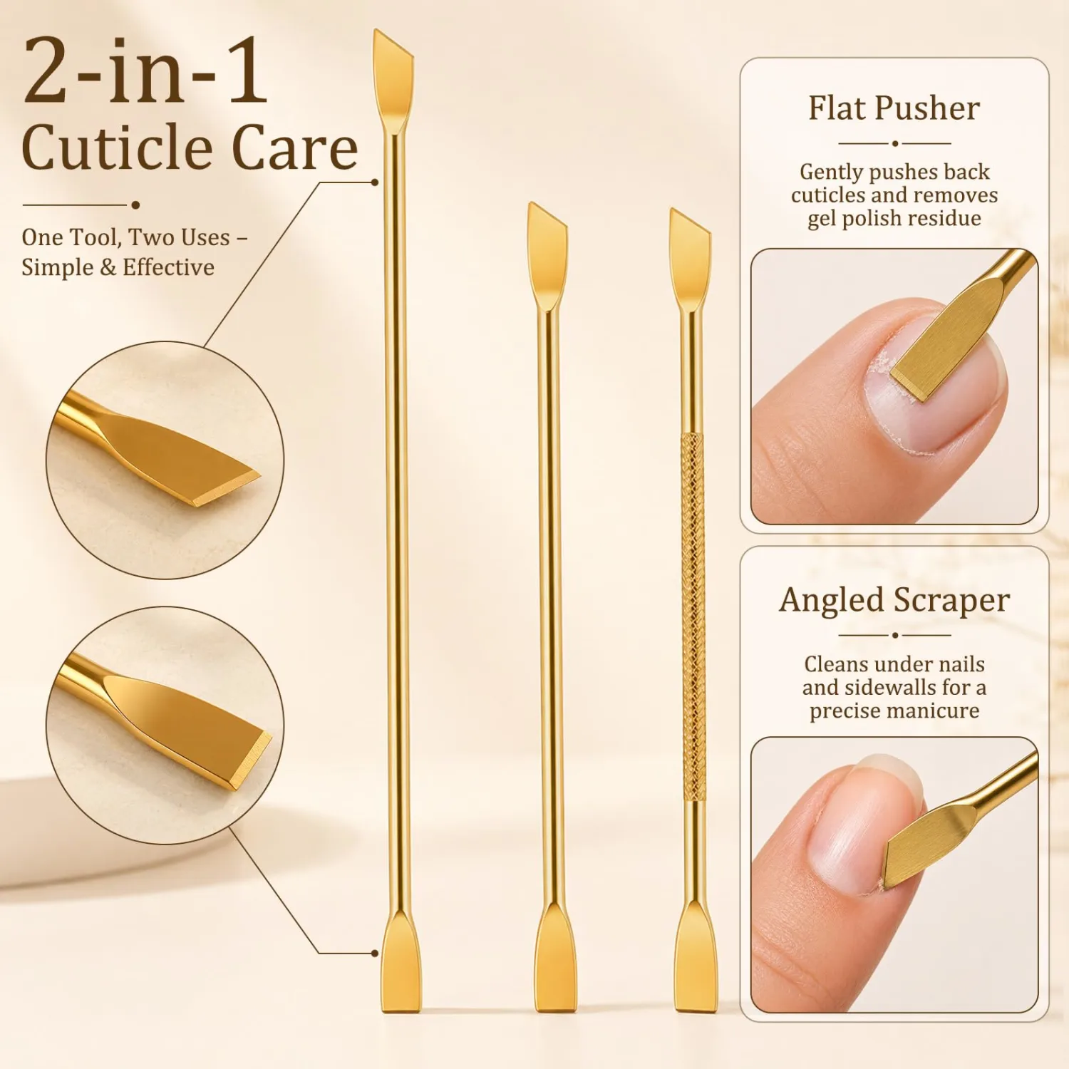 3PCS Cuticle Pusher Set – Professional Stainless Steel Dual-Ended Nail Tool with Flat & Angled Heads, Dead Skin & Gel Polish Remover for Salon and Home Manicure Pedicure, Gold