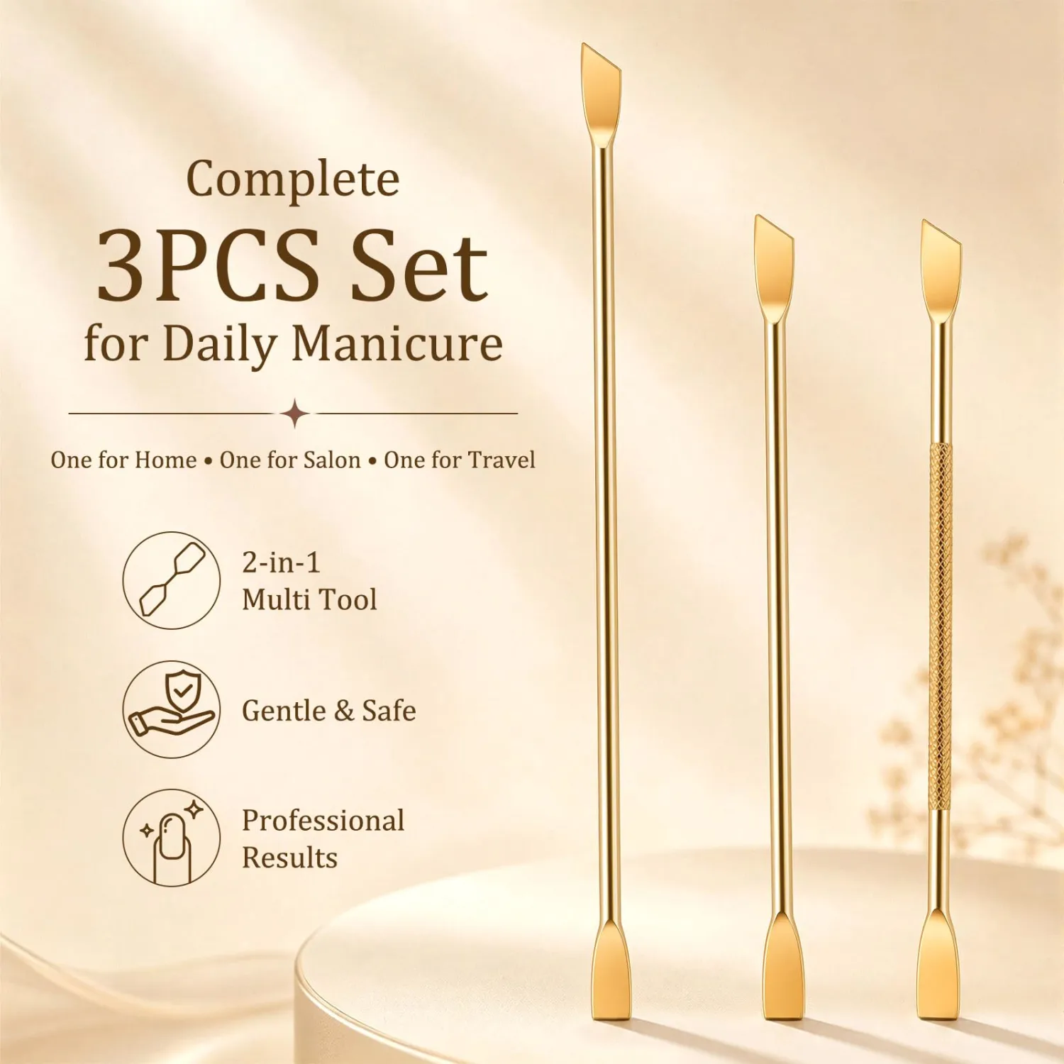 3PCS Cuticle Pusher Set – Professional Stainless Steel Dual-Ended Nail Tool with Flat & Angled Heads, Dead Skin & Gel Polish Remover for Salon and Home Manicure Pedicure, Gold