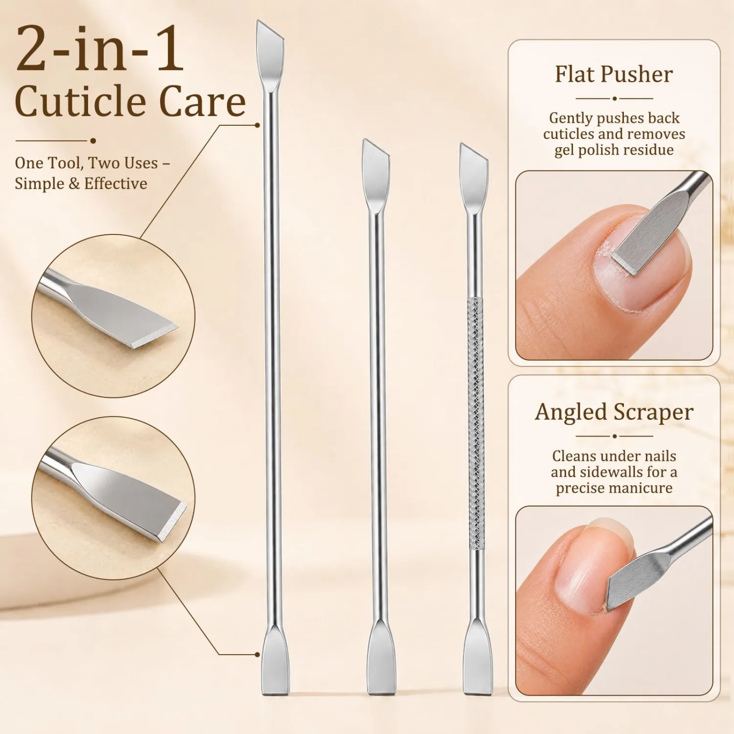 3PCS Cuticle Pusher Set – Professional Stainless Steel Dual-Ended Nail Tool with Flat & Angled Heads, Dead Skin & Gel Polish Remover for Salon and Home Manicure Pedicure, Silver