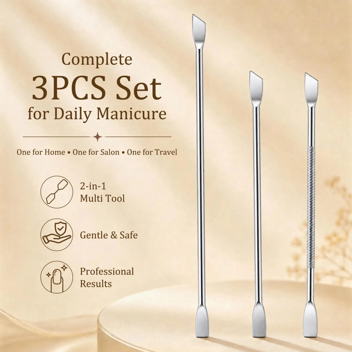 3PCS Cuticle Pusher Set – Professional Stainless Steel Dual-Ended Nail Tool with Flat & Angled Heads, Dead Skin & Gel Polish Remover for Salon and Home Manicure Pedicure, Silver
