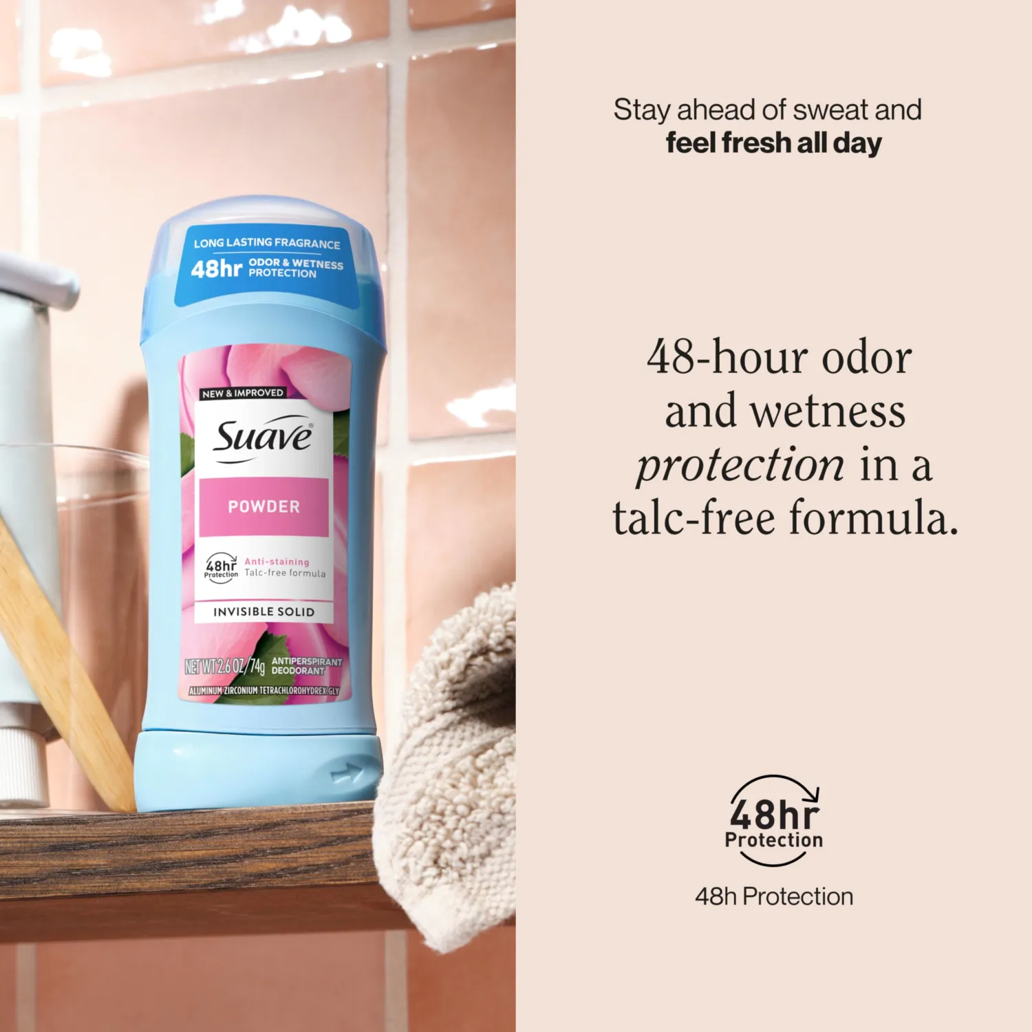 Suave Antiperspirant & Deodorant Stick Powder 48-hour Odor and Wetness Protection Deodorant for Women, 3 Count, 2.6 oz EA