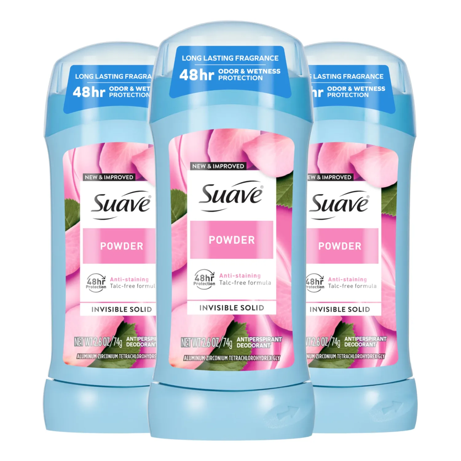 Suave Antiperspirant & Deodorant Stick Powder 48-hour Odor and Wetness Protection Deodorant for Women, 3 Count, 2.6 oz EA