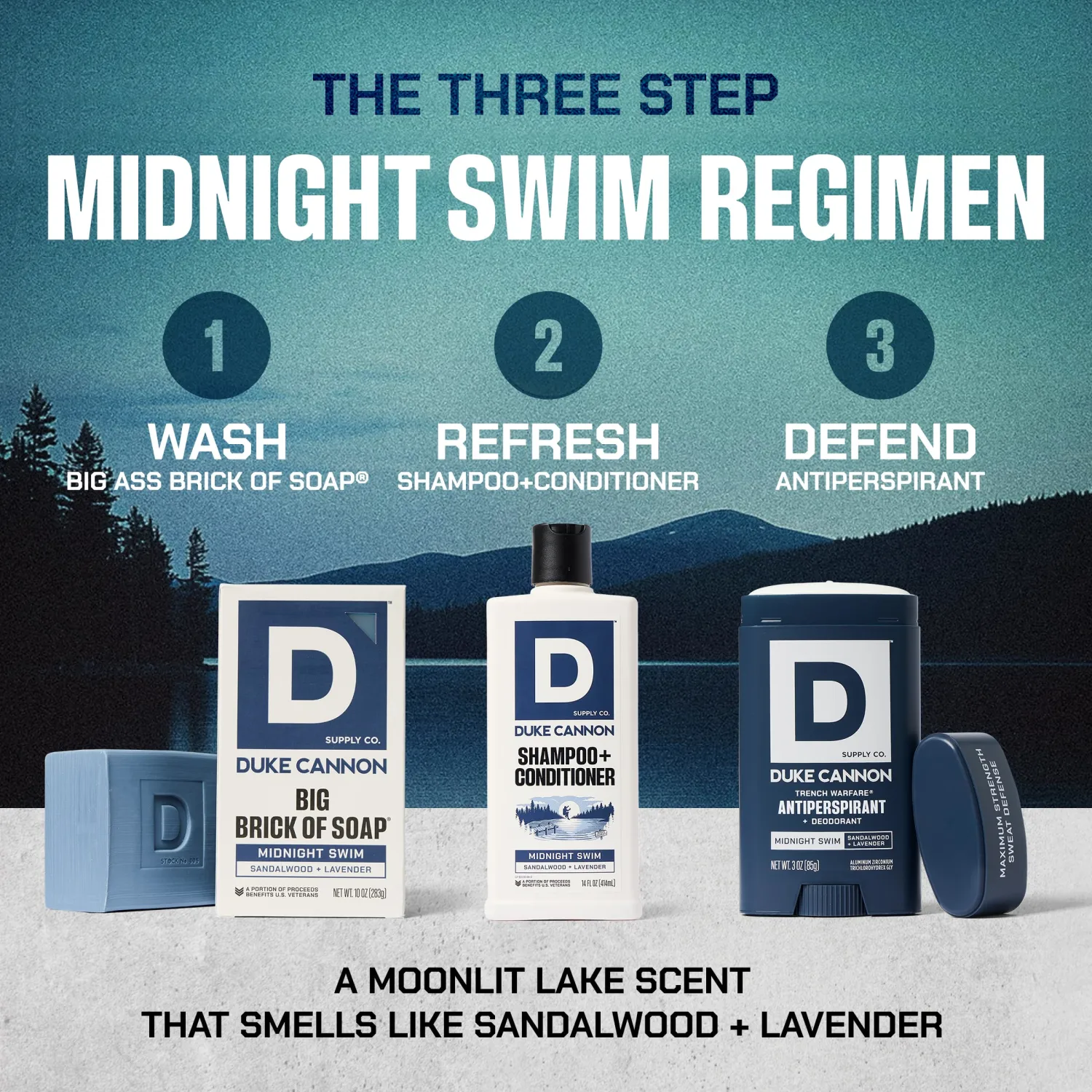 Duke Cannon Midnight Swim Antiperspirant Deodorant for Men – Trench Warfare® – Sandalwood + Lavender Scent – Aluminum-Based Sweat Protection – 3 oz – Long-Lasting & Skin-Soothing