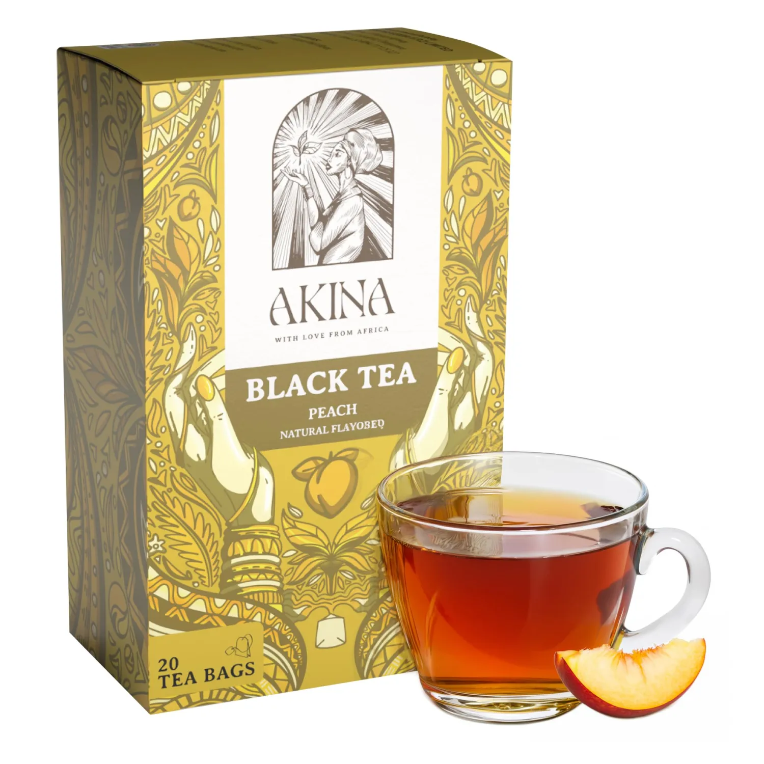 AKINA - Peach Flavored Black Tea Bags, Individually Wrapped, Fruity Envelope Kenyan Peach Tea Bags, Sweet with Uplifting Aroma (Box of 20) (40g)