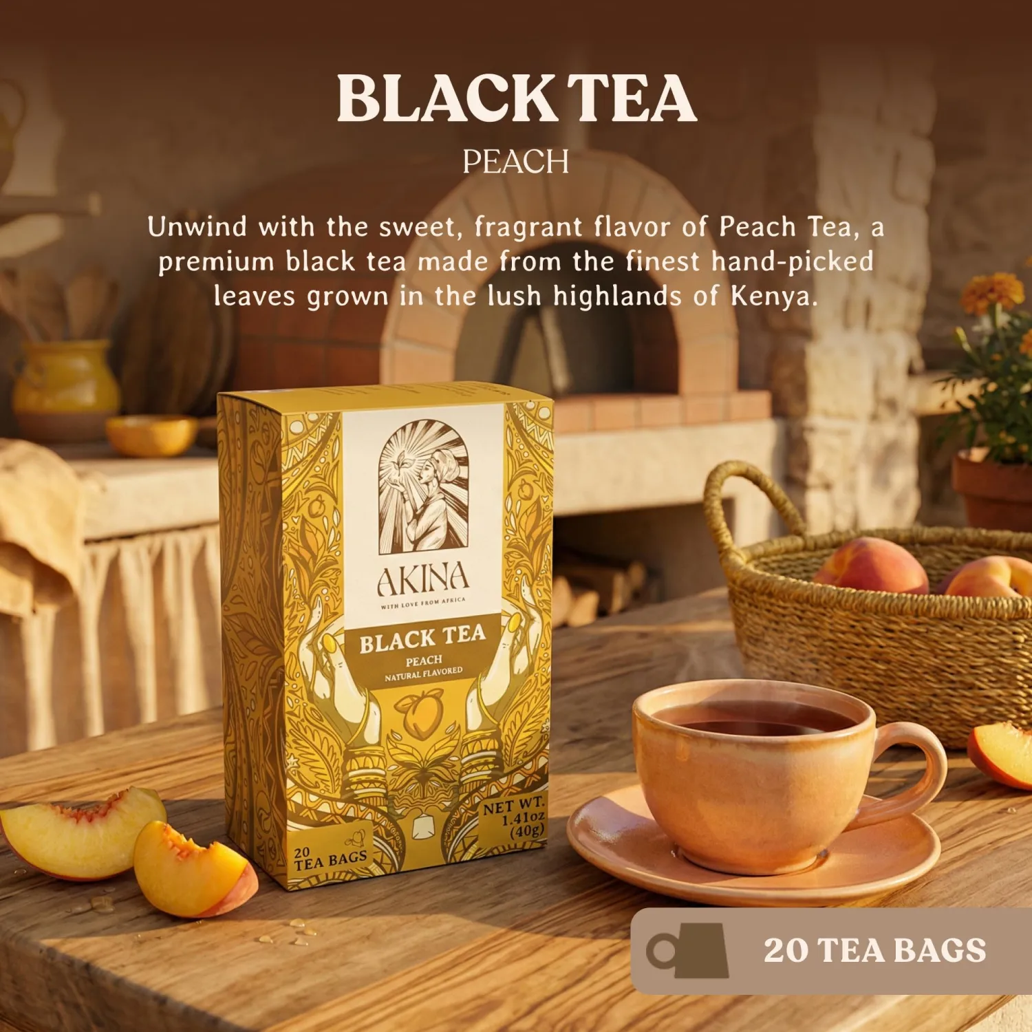 AKINA - Peach Flavored Black Tea Bags, Individually Wrapped, Fruity Envelope Kenyan Peach Tea Bags, Sweet with Uplifting Aroma (Box of 20) (40g)