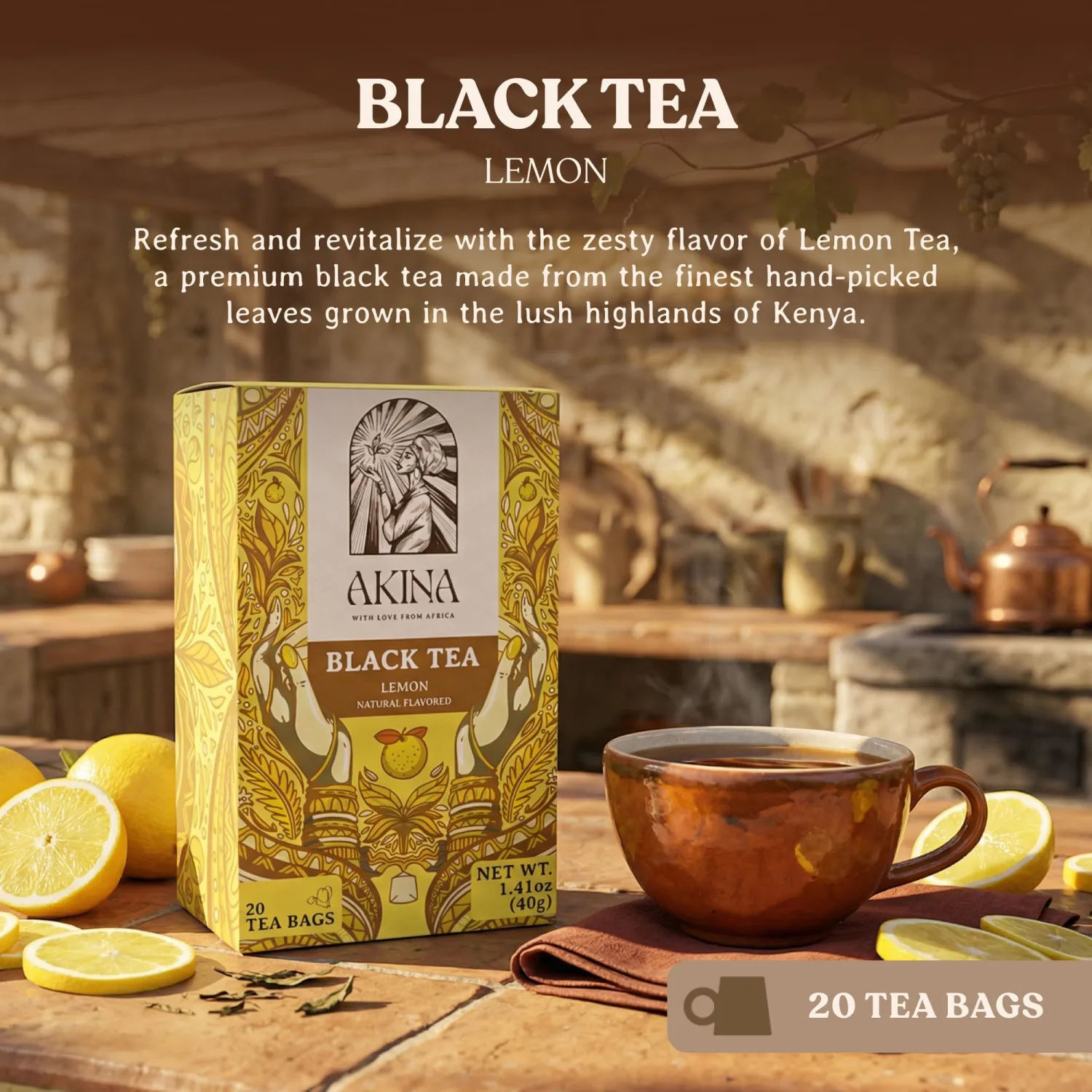 AKINA - Lemon Flavored Black Tea Bags, Individually Wrapped, Fruity Envelope Kenyan Lemon Tea Bags, Tangy and Zesty with Invigorating Aroma (Box of 20) (40g)