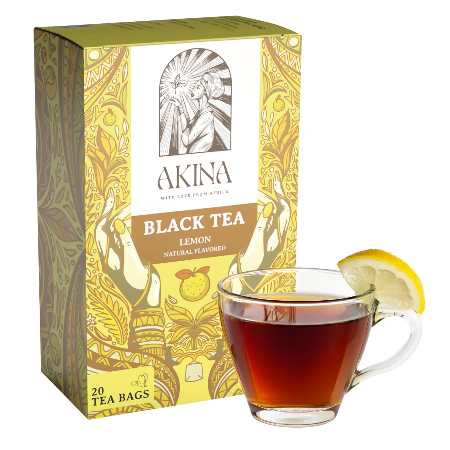 AKINA - Lemon Flavored Black Tea Bags, Individually Wrapped, Fruity Envelope Kenyan Lemon Tea Bags, Tangy and Zesty with Invigorating Aroma (Box of 20) (40g)