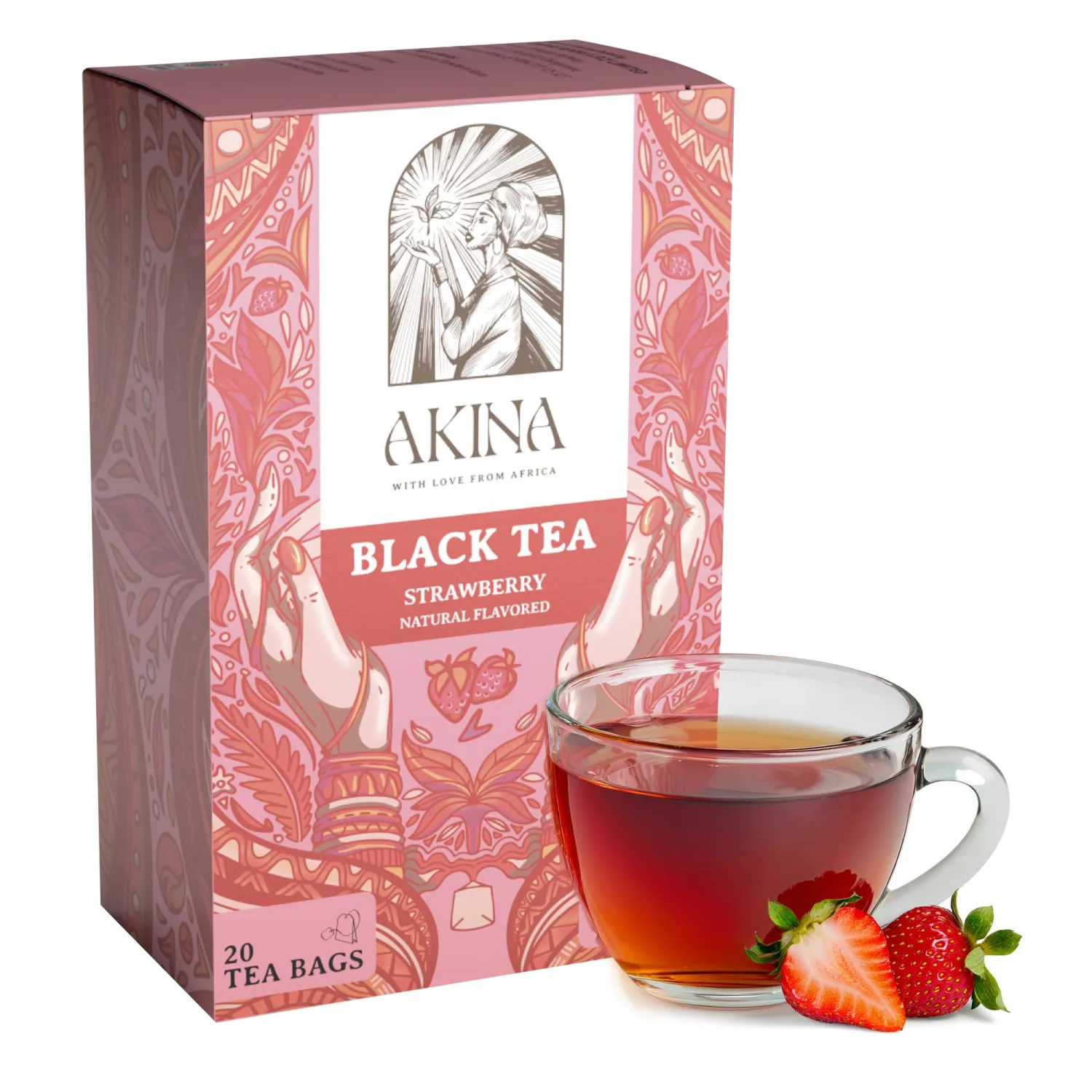 AKINA - Strawberry Flavored Black Tea Bags, Individually Wrapped, Fruity Envelope Kenyan Strawberry Tea Bags, Sweet with Uplifting Aroma (Box of 20) (40g)