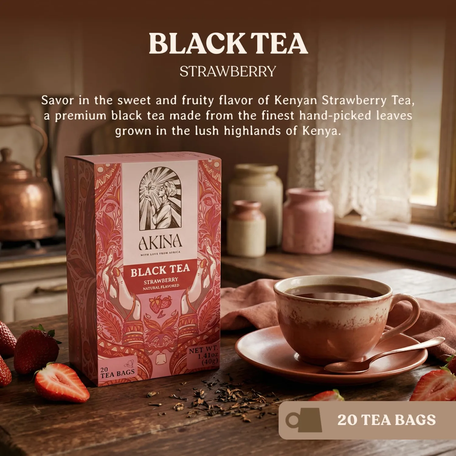 AKINA - Strawberry Flavored Black Tea Bags, Individually Wrapped, Fruity Envelope Kenyan Strawberry Tea Bags, Sweet with Uplifting Aroma (Box of 20) (40g)