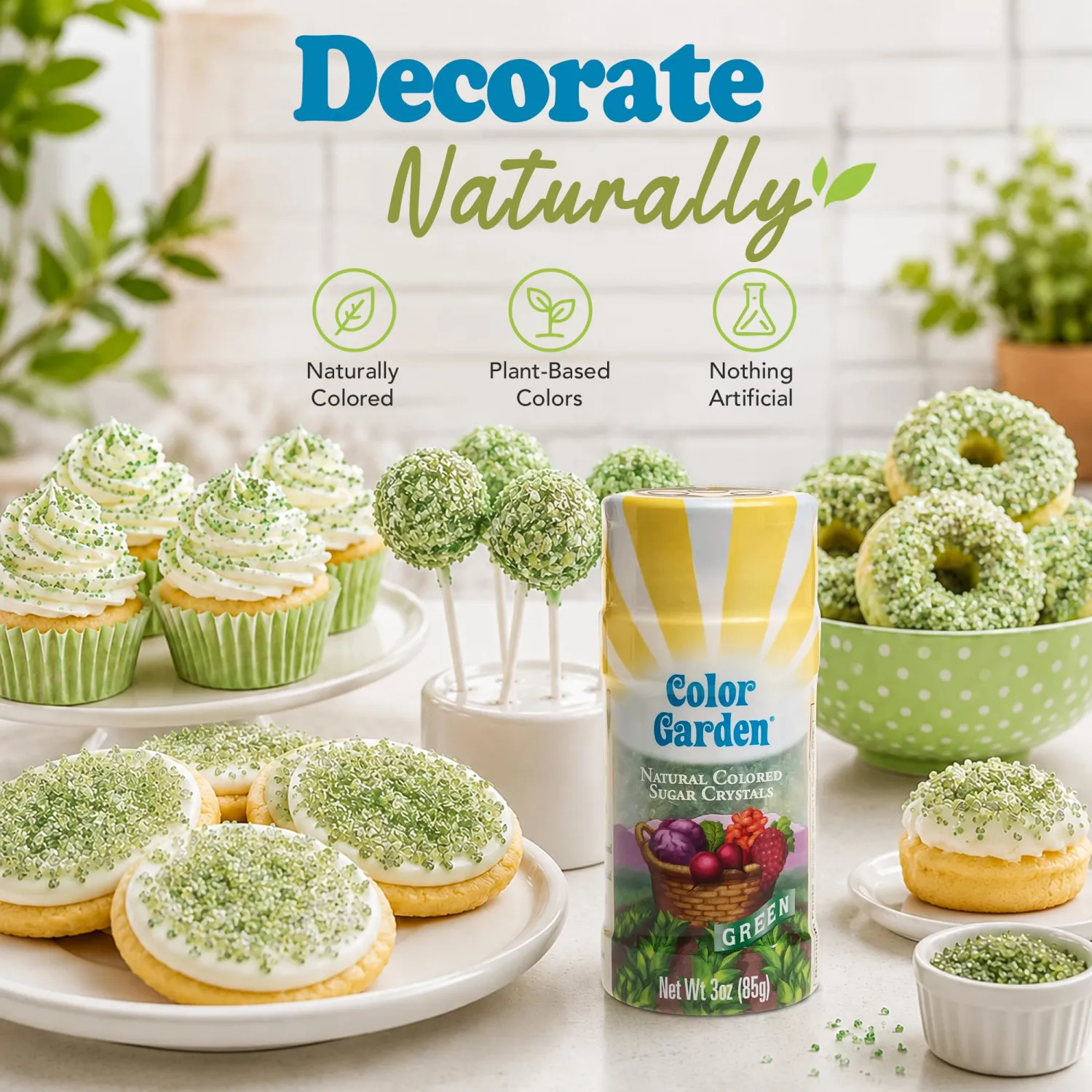 Color Garden Natural Green Sanding Sugar Sprinkles for Baking, 3oz Vegan