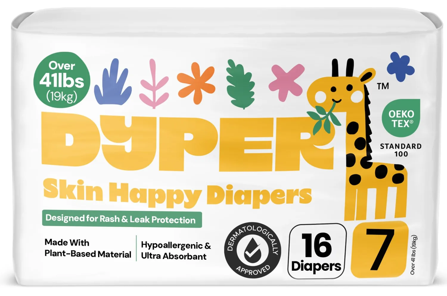 DYPER Baby Diapers Size 7 Over 41lbs (16 Count) Plant-Based, Day & Night