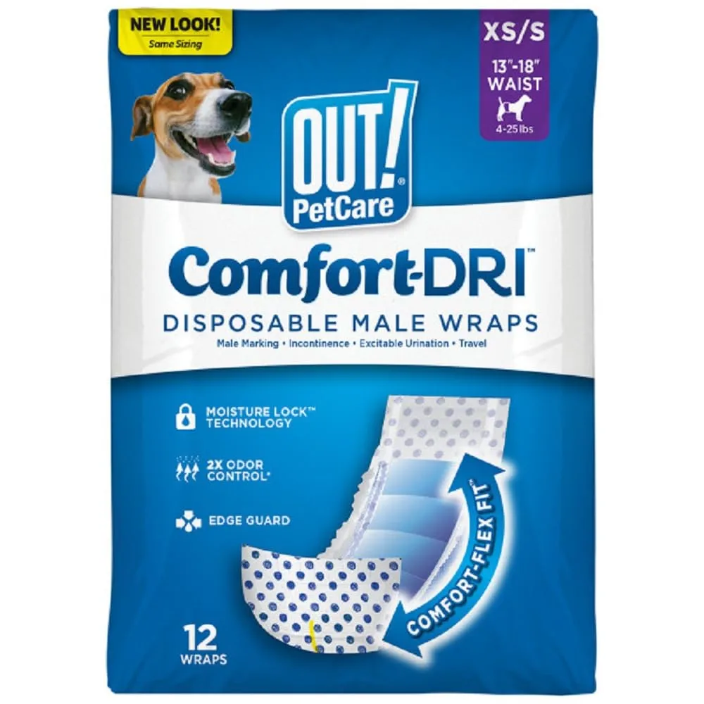 OUT! PetCare Male Dog Diapers, Disposable Belly Bands, XS/S, 12 Count