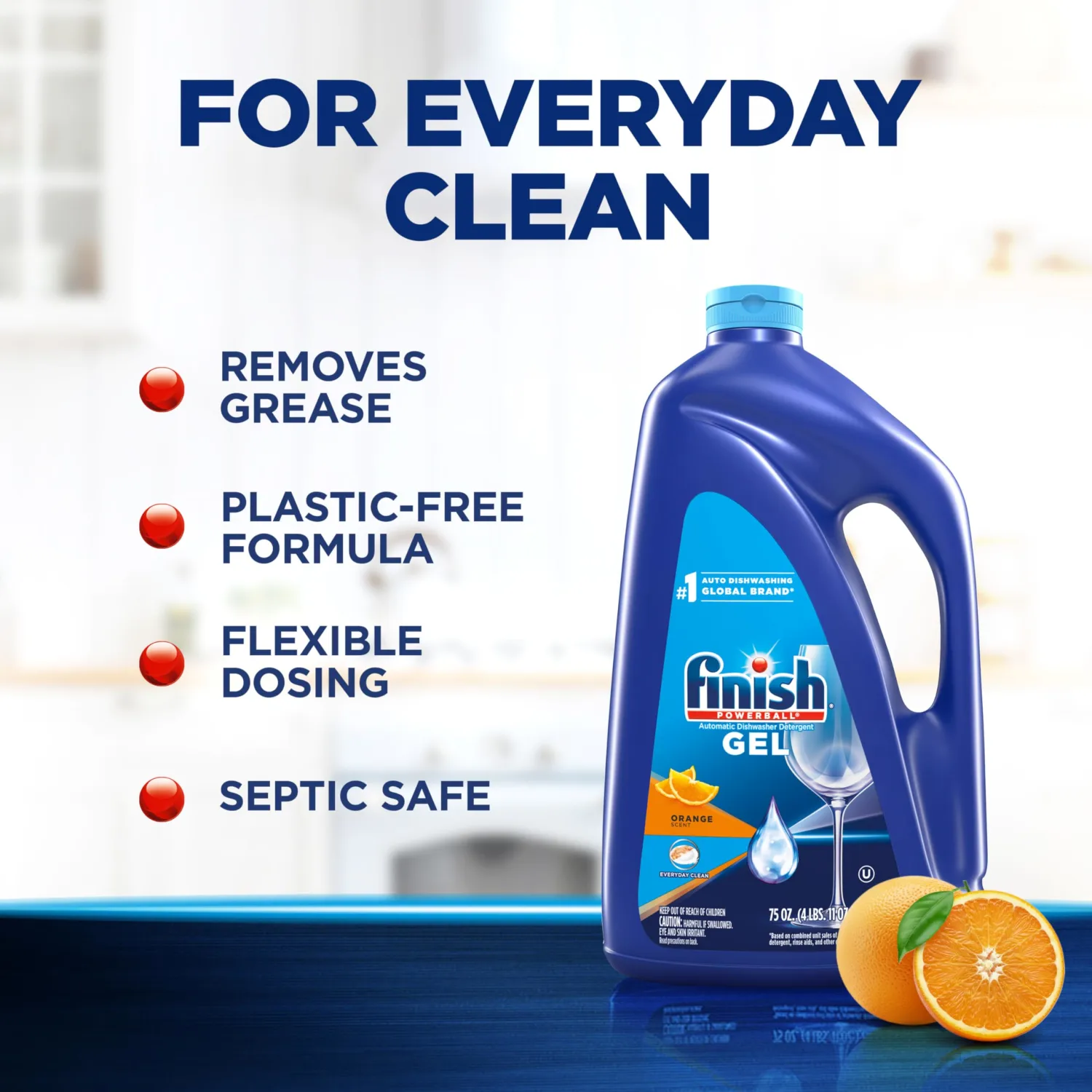 Finish Gel Dishwasher Detergent Liquid, Plastic Free Formula, Orange, 75oz