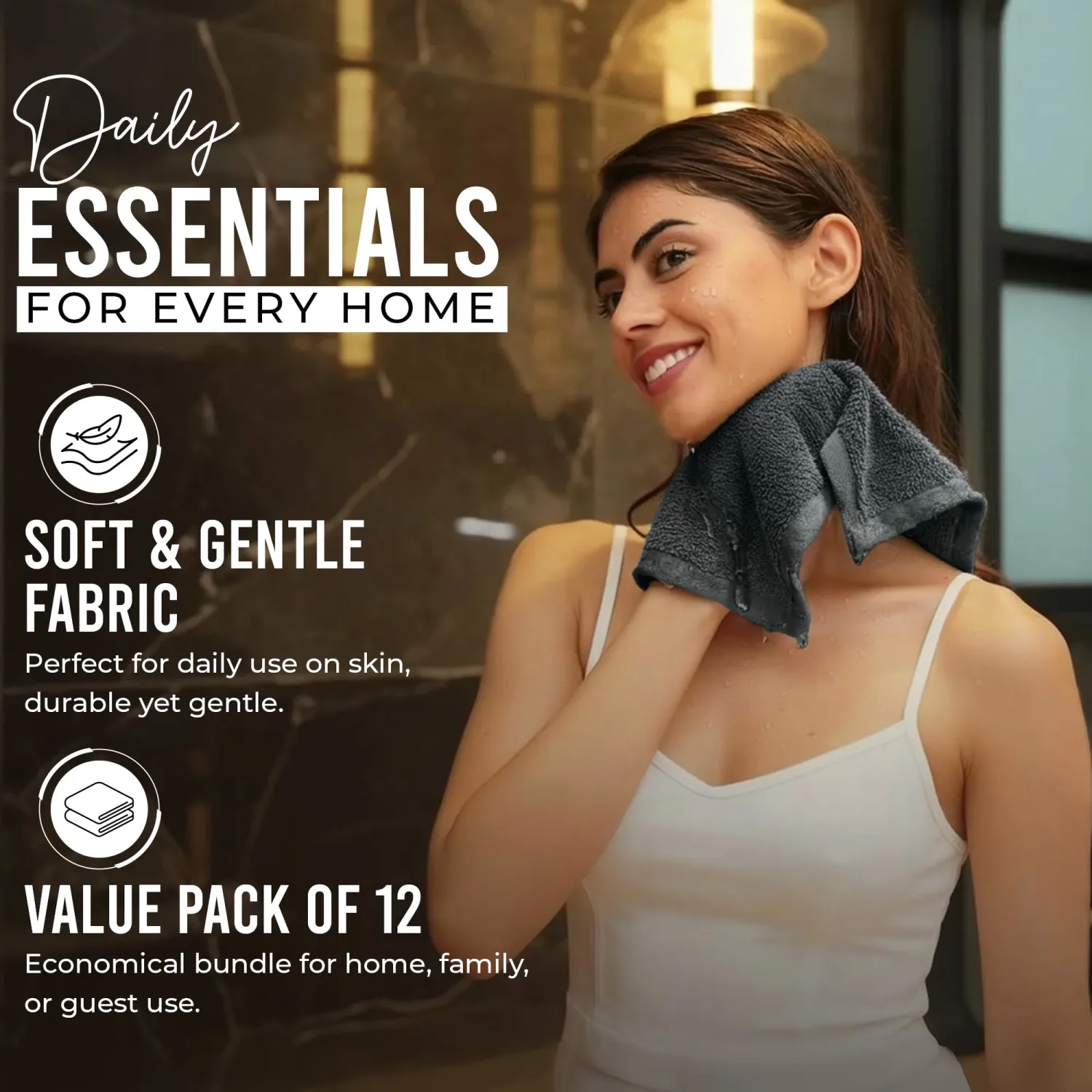 RIVERSIDE 12 Pack Washcloths Set, 12x12 inches, Gray
