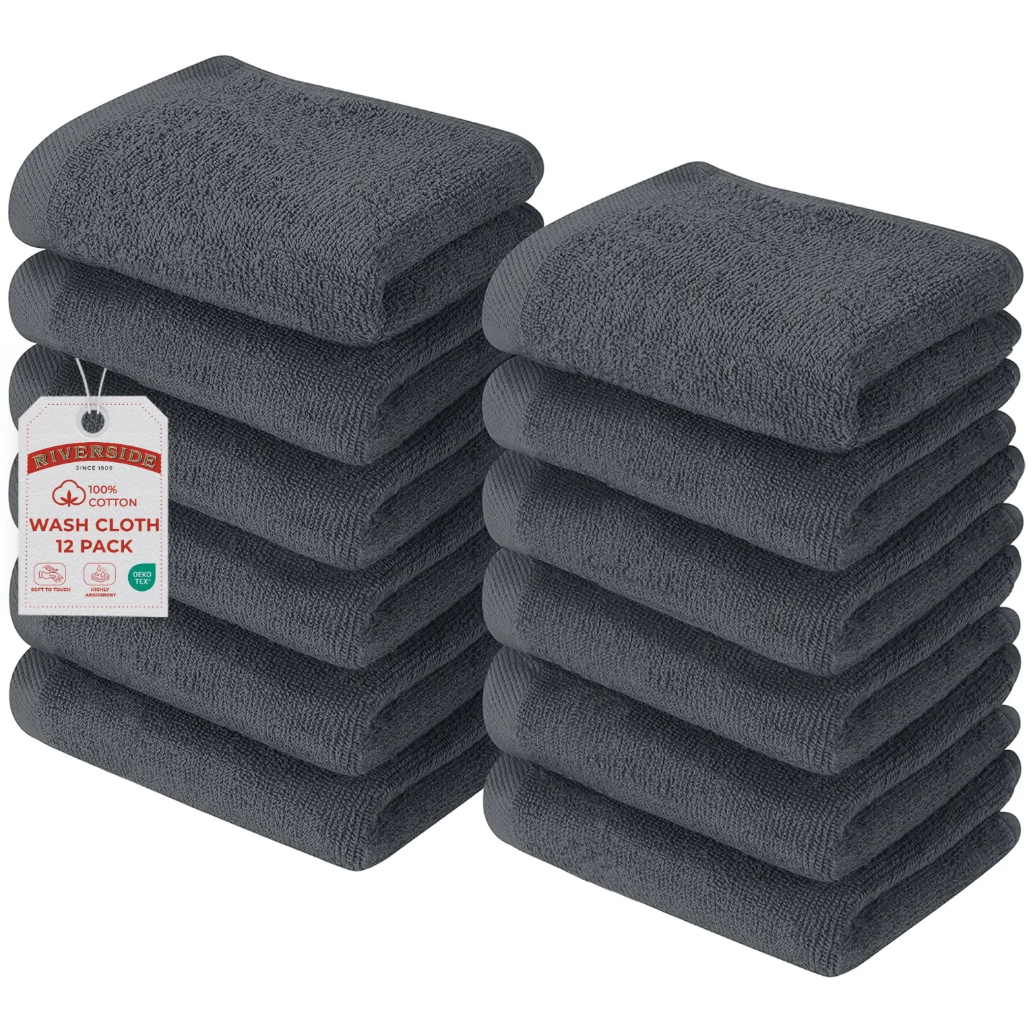 RIVERSIDE 12 Pack Washcloths Set, 12x12 inches, Gray