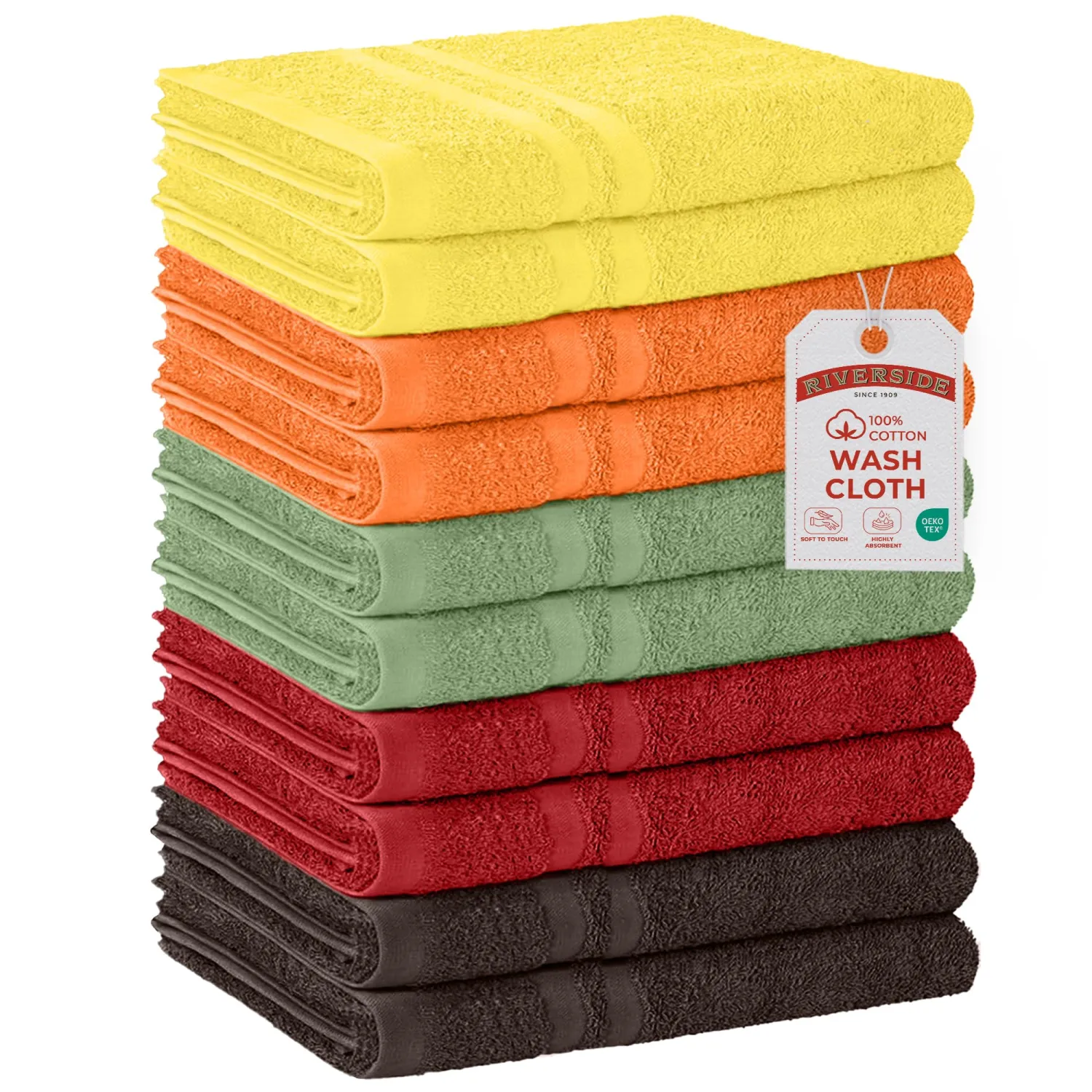 RIVERSIDE 10 Pack Washcloths Set, 12x12 inches, Assortment 6