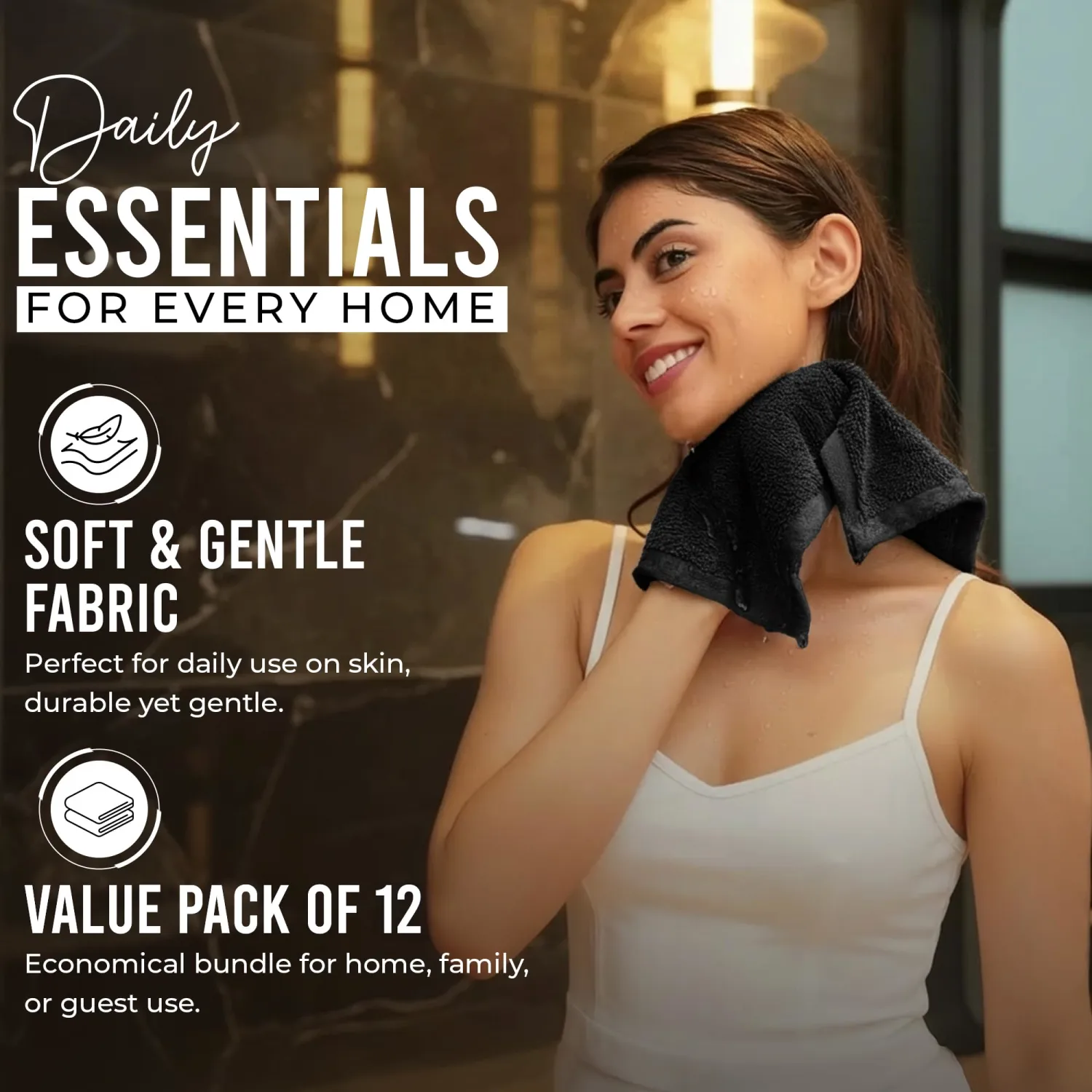 RIVERSIDE 12 Pack Washcloths Set, 12x12 inches, Black