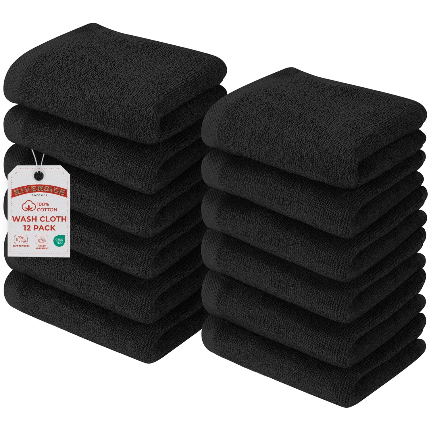 RIVERSIDE 12 Pack Washcloths Set, 12x12 inches, Black