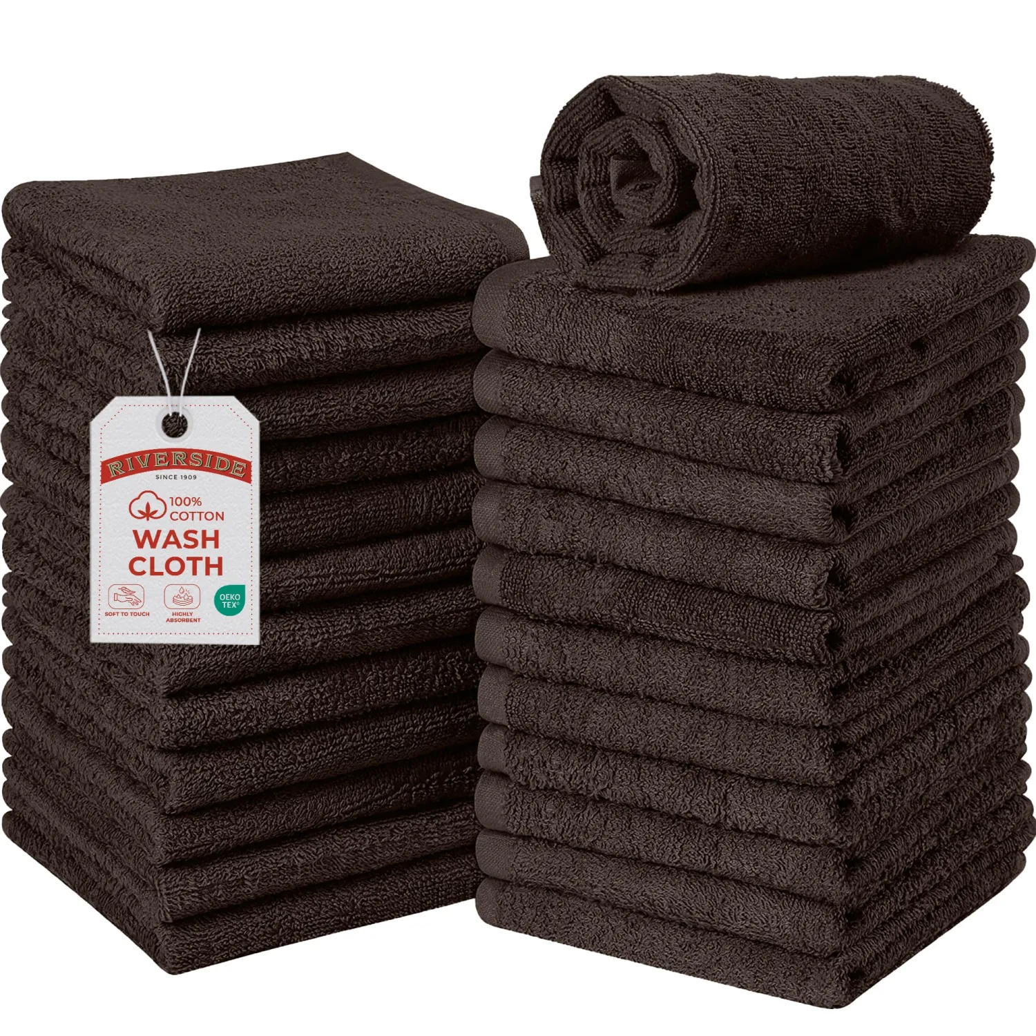 RIVERSIDE 24 Pack Wash Cloths for Showering, 12x12 inches, Brown