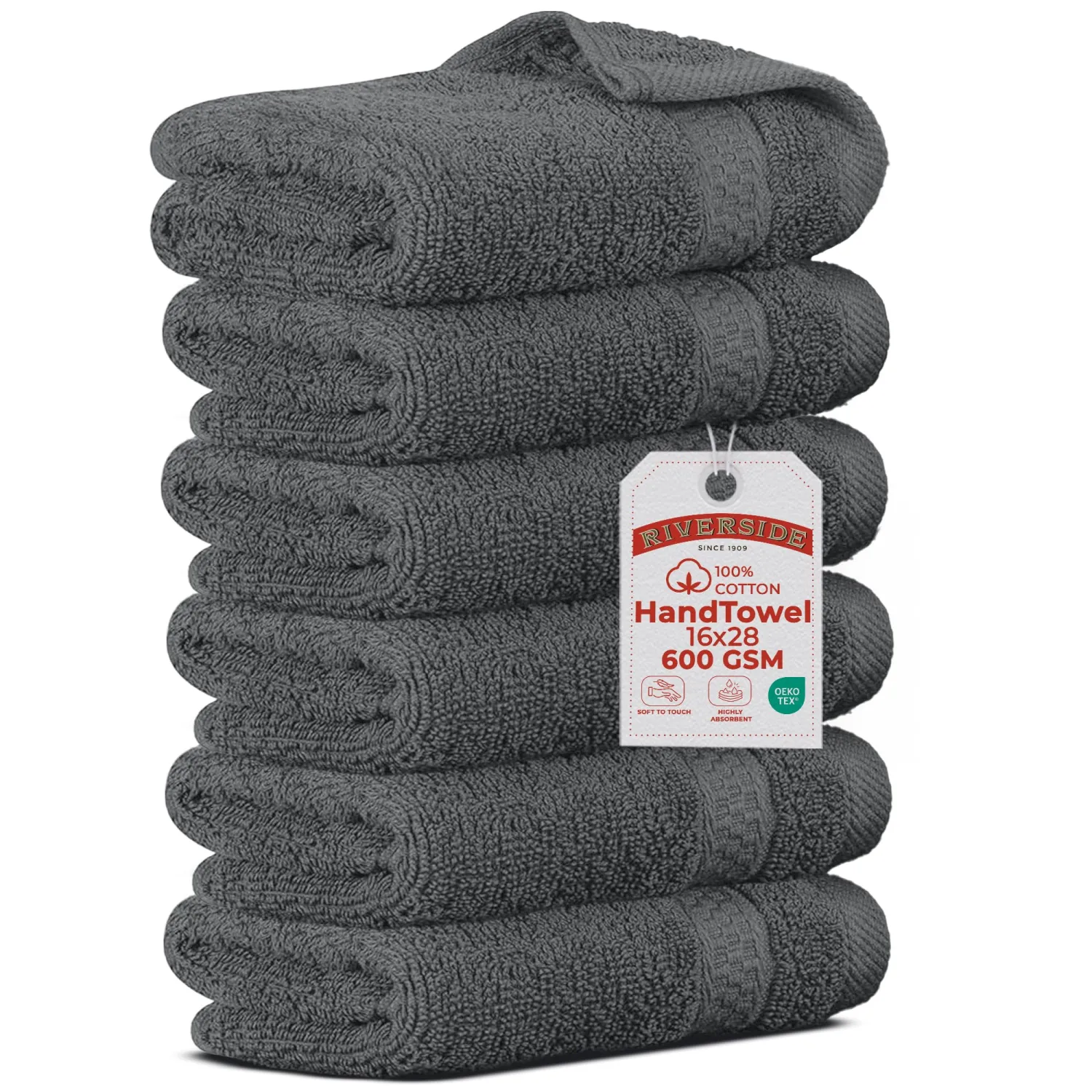 RIVERSIDE 6 Pack Premium Hand Towels Set, 16x28 in, 600 GSM, Gray