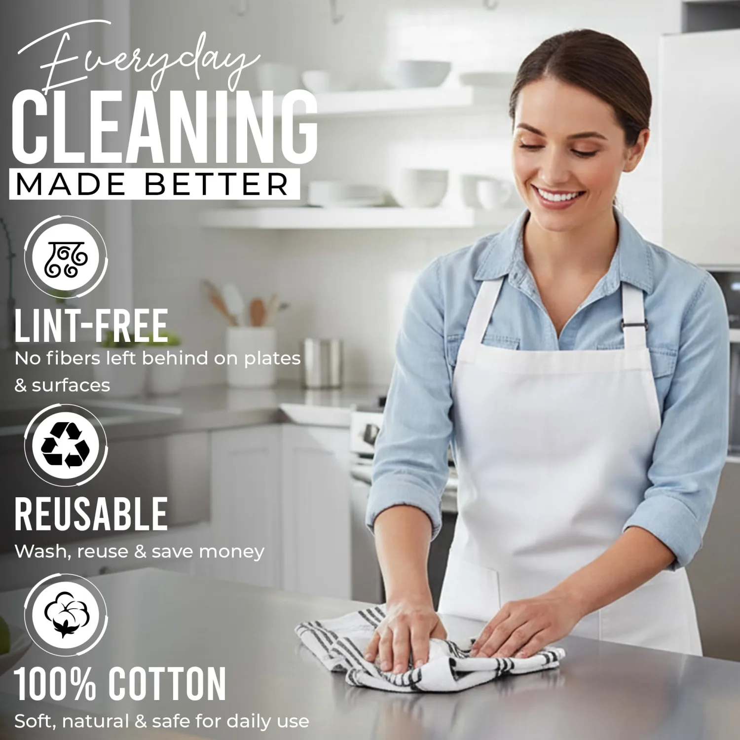 RIVERSIDE 6 Pack Large Premium Cotton Kitchen Towels 16x26 Inches, Black