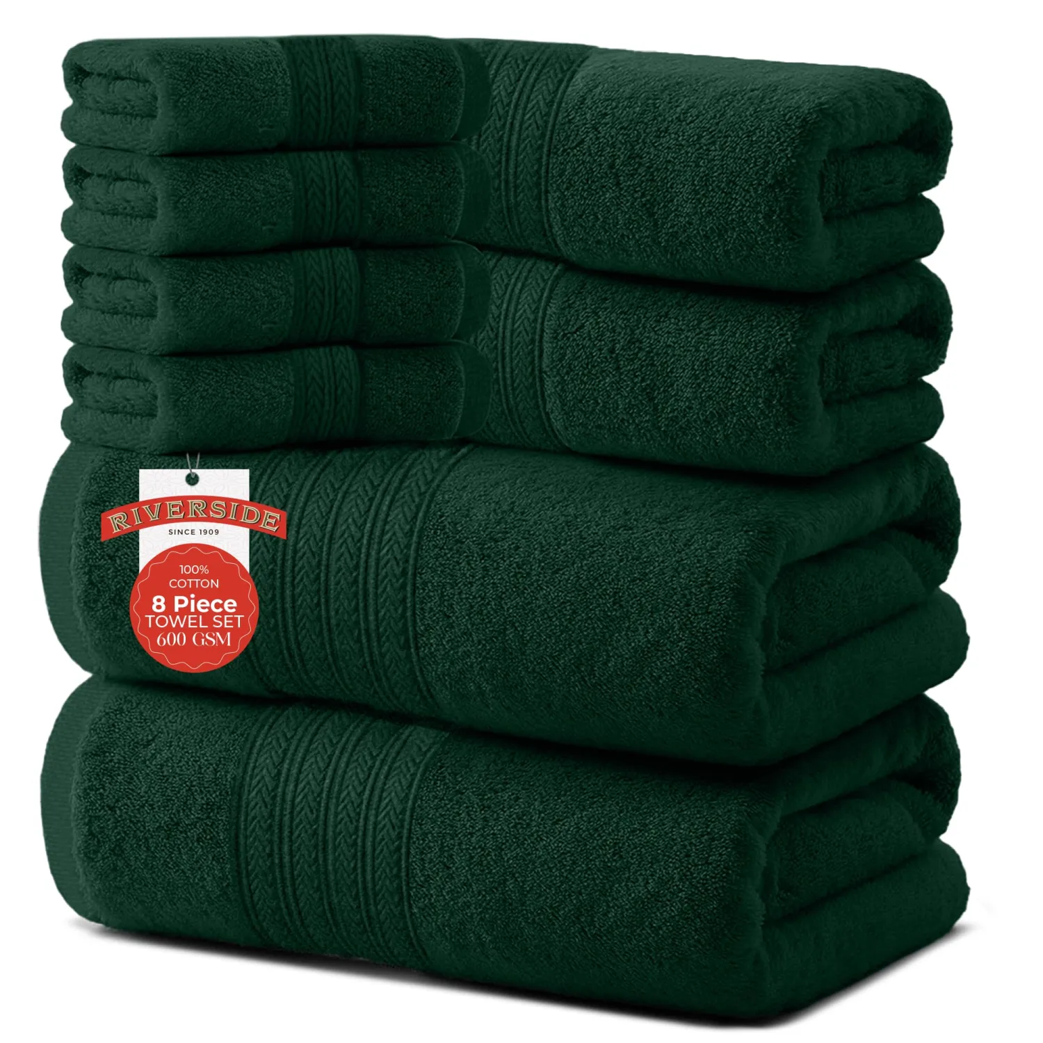 RIVERSIDE 8 Pack Luxury Bath Towel Set, 600 GSM, 100% Cotton, Hunter Green