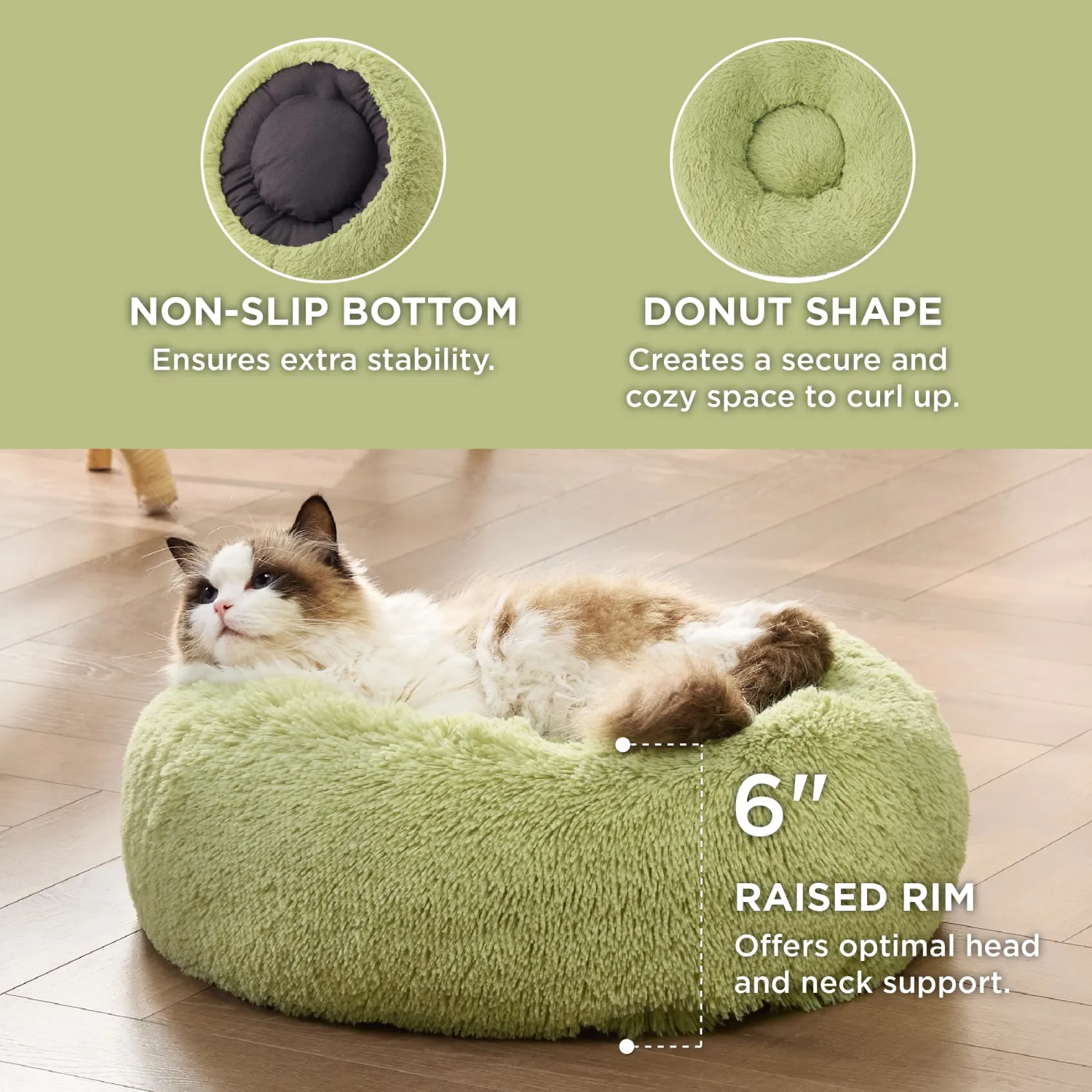 Bedsure Calming Cat Beds Donut Round Washable Kitten Bed,20 inches Green