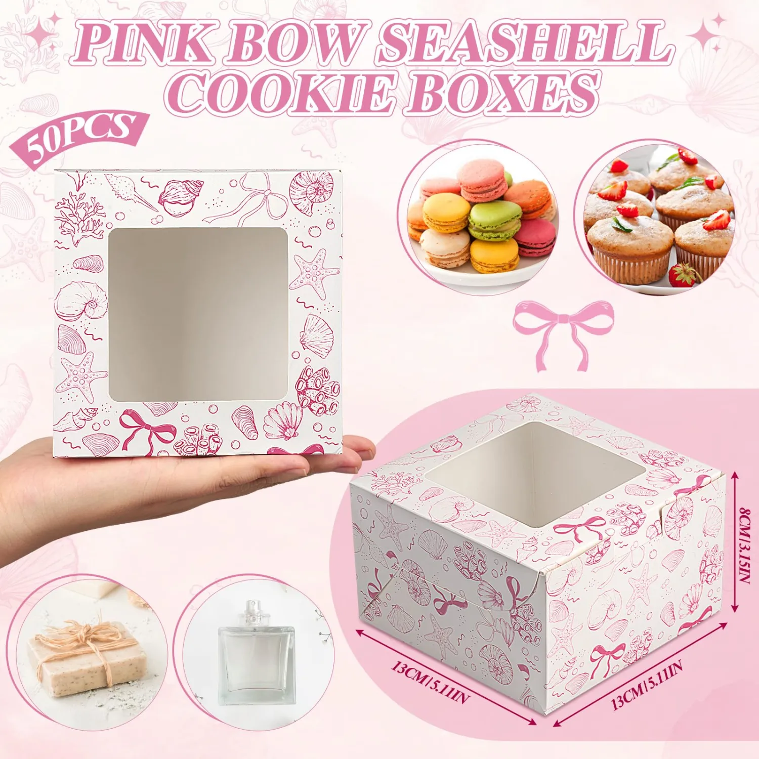 50 Pack Pink Seashell Cookie Boxes with Window