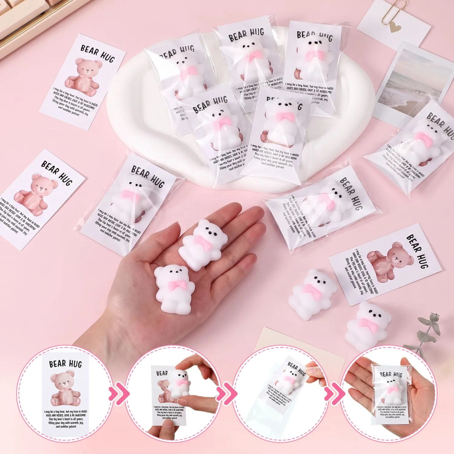 Junkin 30 Set Bear with Pink Bow Gifts Toy with Bear Hug Positive Cards