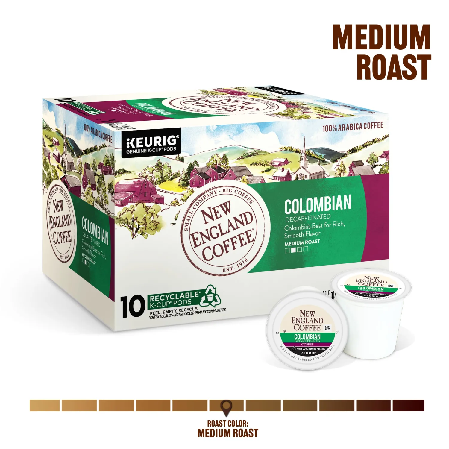 New England Coffee Single Serve Pods, Colombian Decaffeinated Medium Roast, 10 Count (Pack of 1)