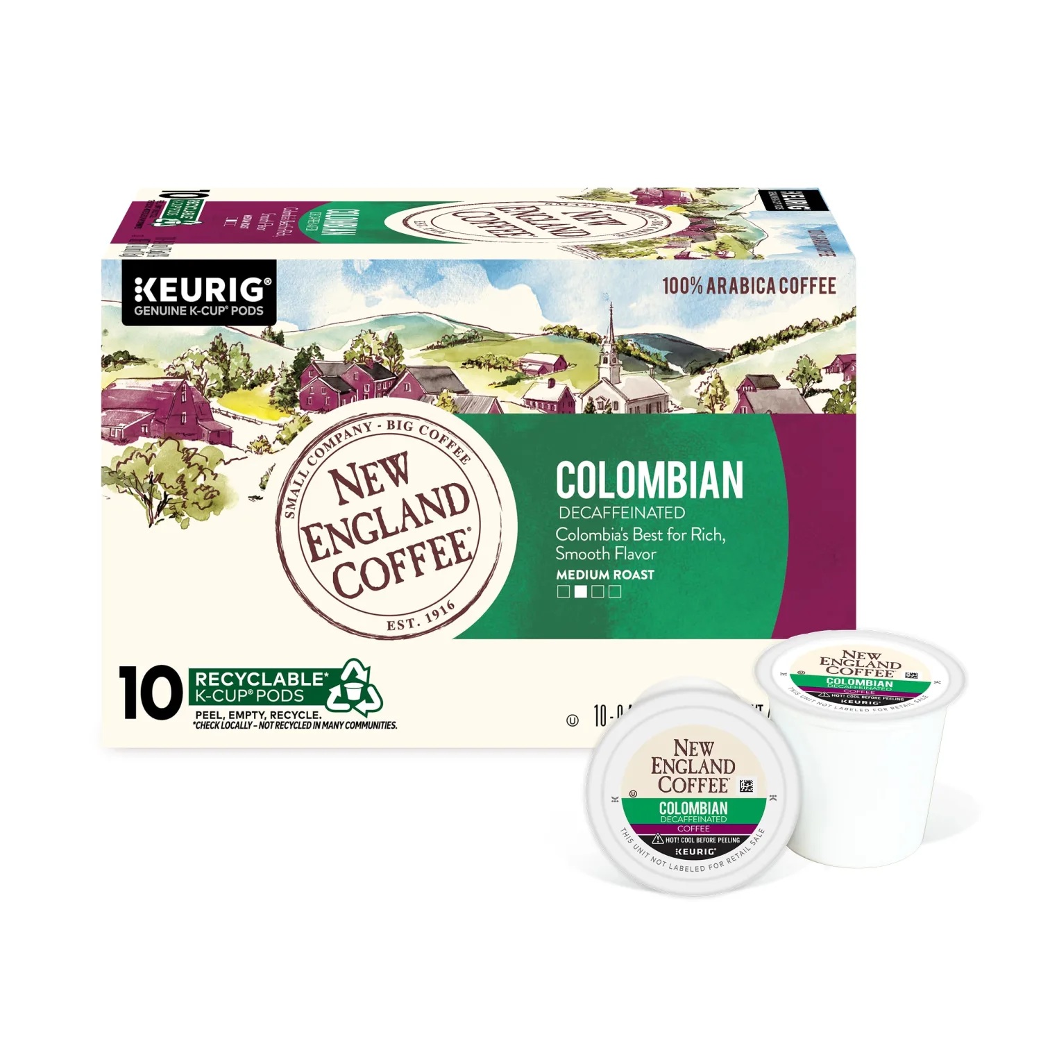 New England Coffee Single Serve Pods, Colombian Decaffeinated Medium Roast, 10 Count (Pack of 1)