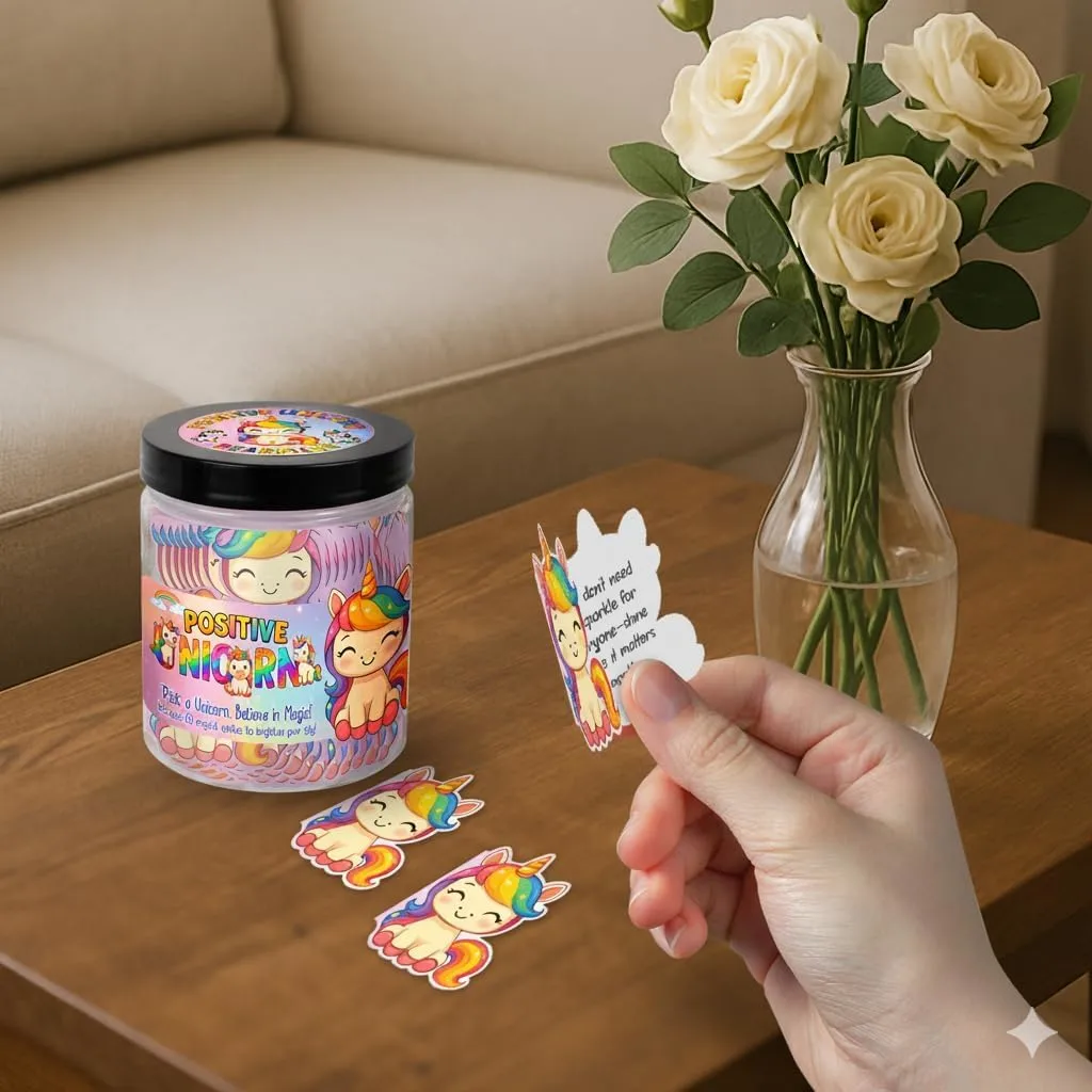 Positive Unicorn Jar with 60 Encouragement Cards, Daily Affirmation Cards, Emotional Support Gift For Girls, Teens, Friend, Kids, Unicorn Birthday Decorations, Funny Gifts, Trendy Stuff for Teen Girls