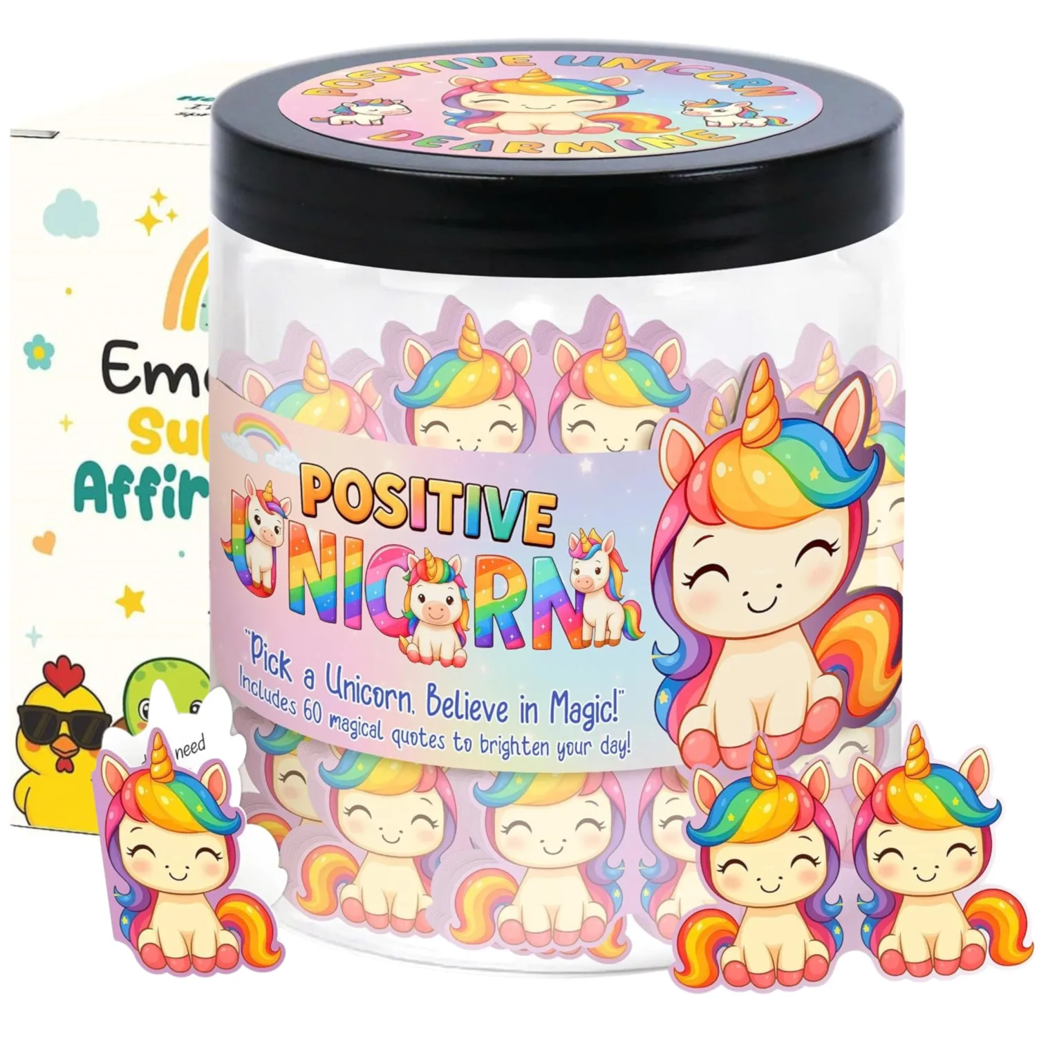 Positive Unicorn Jar with 60 Encouragement Cards, Daily Affirmation Cards, Emotional Support Gift For Girls, Teens, Friend, Kids, Unicorn Birthday Decorations, Funny Gifts, Trendy Stuff for Teen Girls