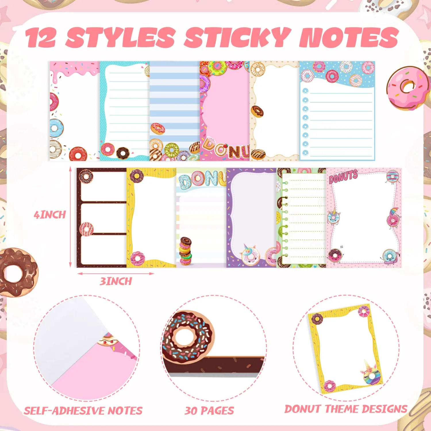 Chiisong 12 Pcs Cute Sticky Notes Gifts Donuts Sticky Notes Party Favors