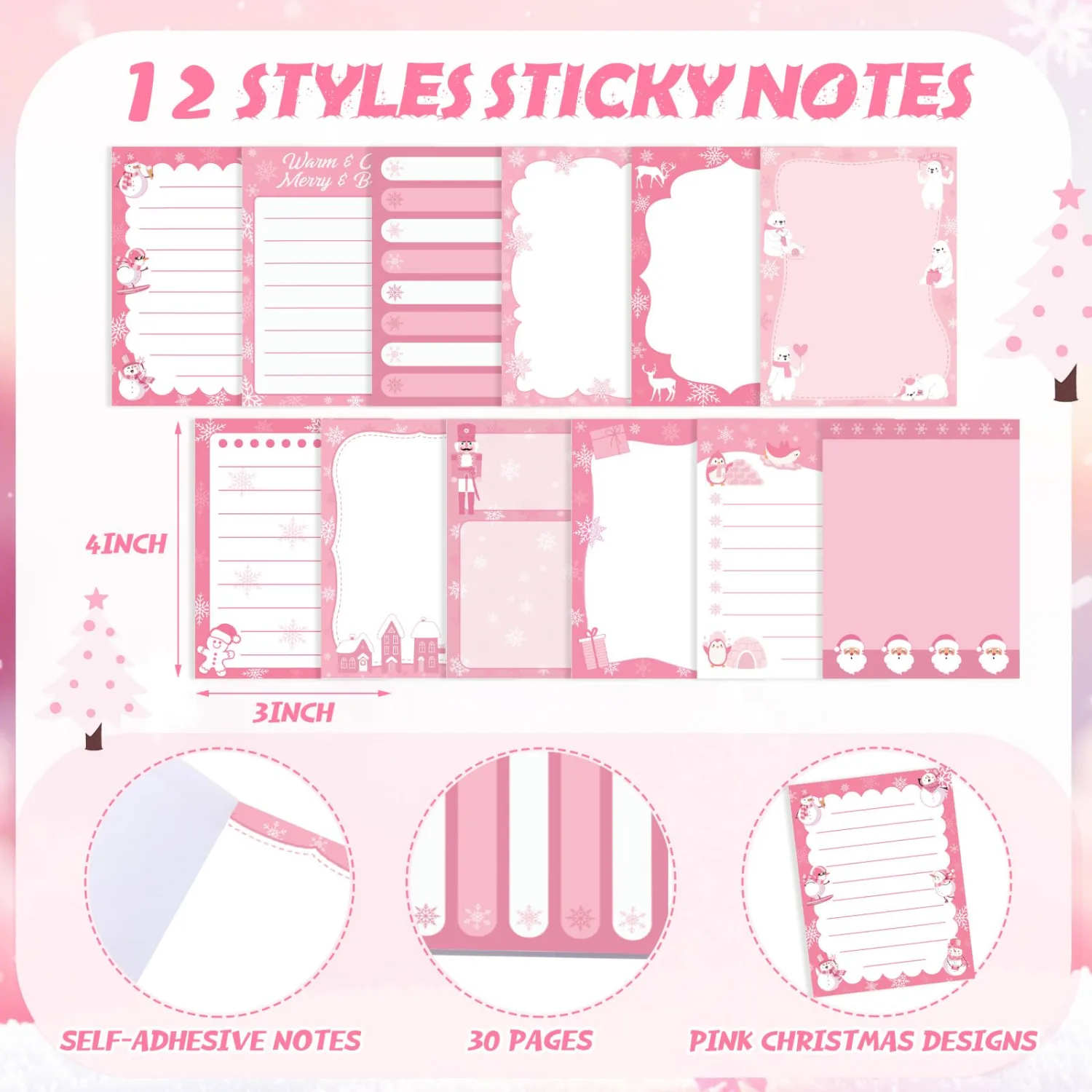 Chiisong 12 Pcs Christmas Sticky Notes Pink Christmas Notepad Santa Snowflake Snowman Self Adhesive Memo Pads Xmas Gift Cute Decorative Notepad Winter Party Favor for Office Winter Holiday Gift
