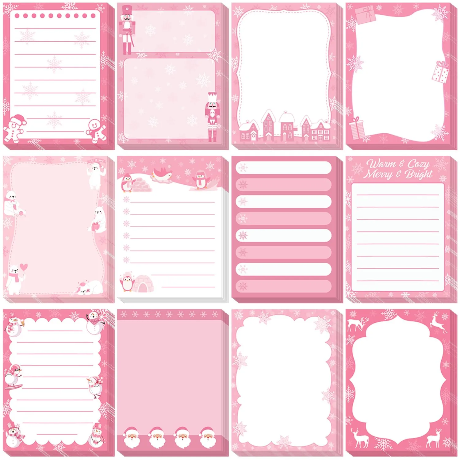 Chiisong 12 Pcs Christmas Sticky Notes Pink Christmas Notepad Santa Snowflake Snowman Self Adhesive Memo Pads Xmas Gift Cute Decorative Notepad Winter Party Favor for Office Winter Holiday Gift