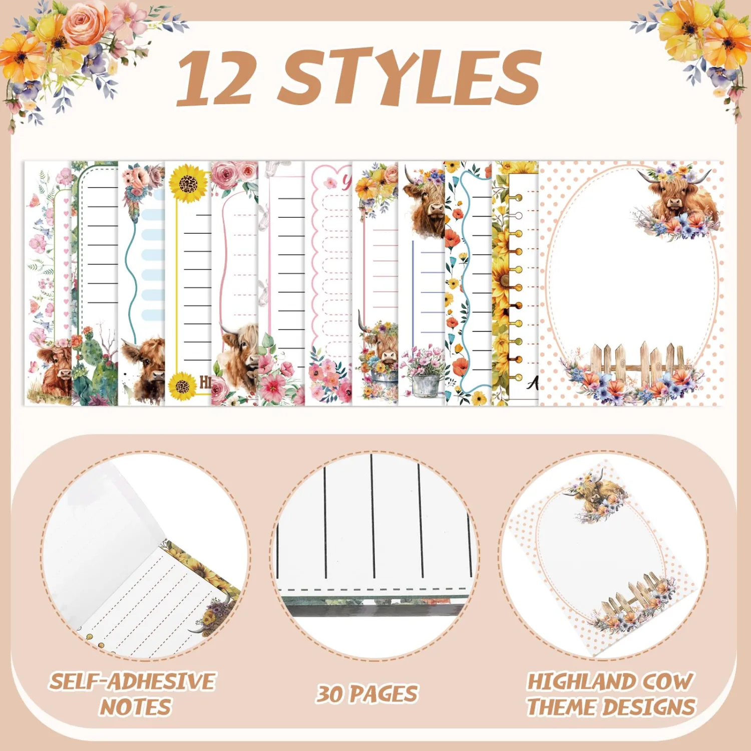 Chiisong 12 Pcs Highland Cow Sticky Notes, Cute Self Stick Notepads