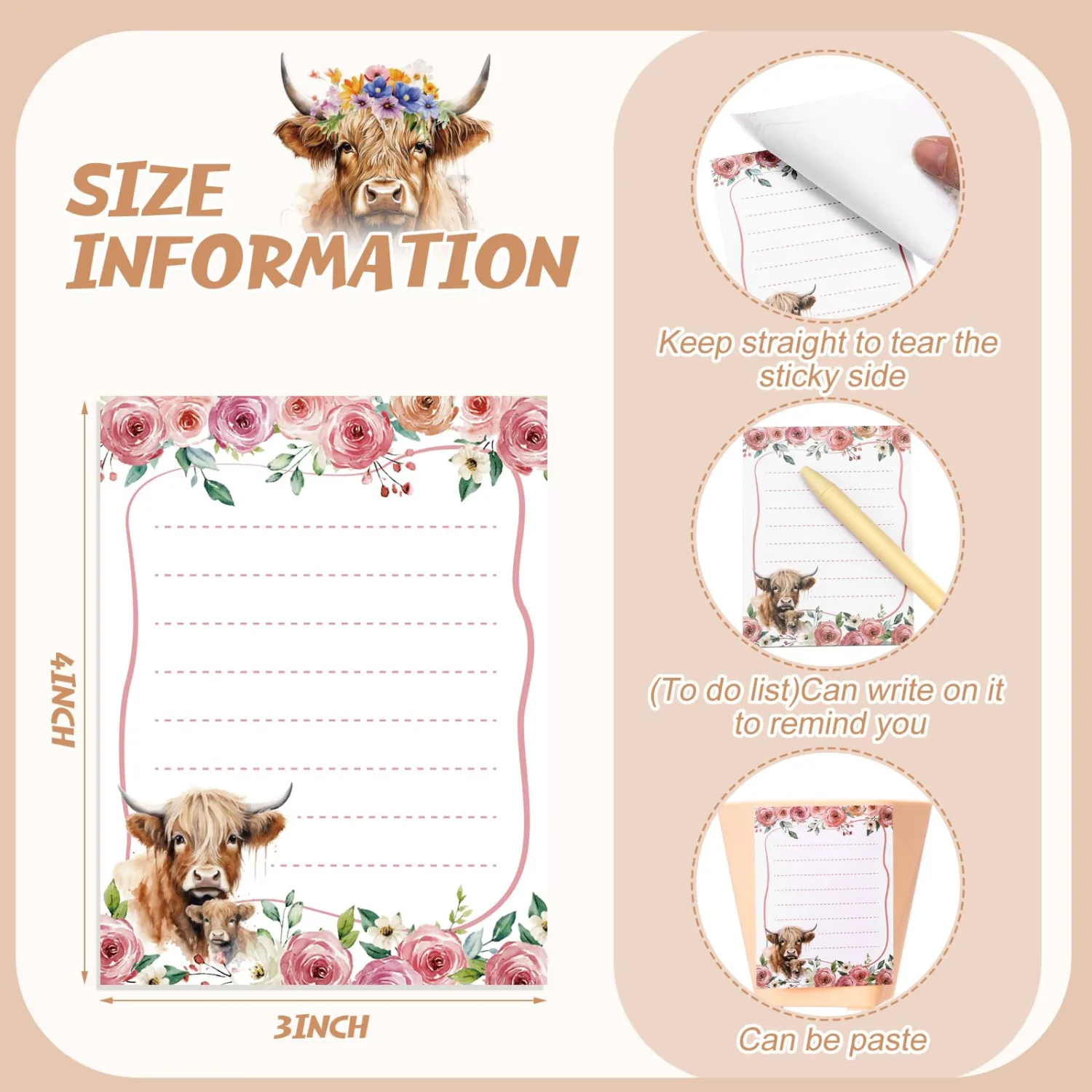 Chiisong 12 Pcs Highland Cow Sticky Notes, Cute Self Stick Notepads