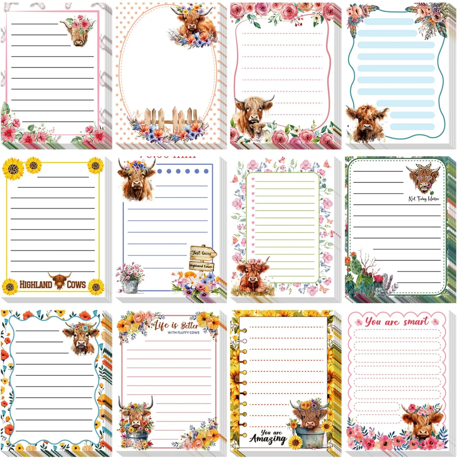 Chiisong 12 Pcs Highland Cow Sticky Notes, Cute Self Stick Notepads