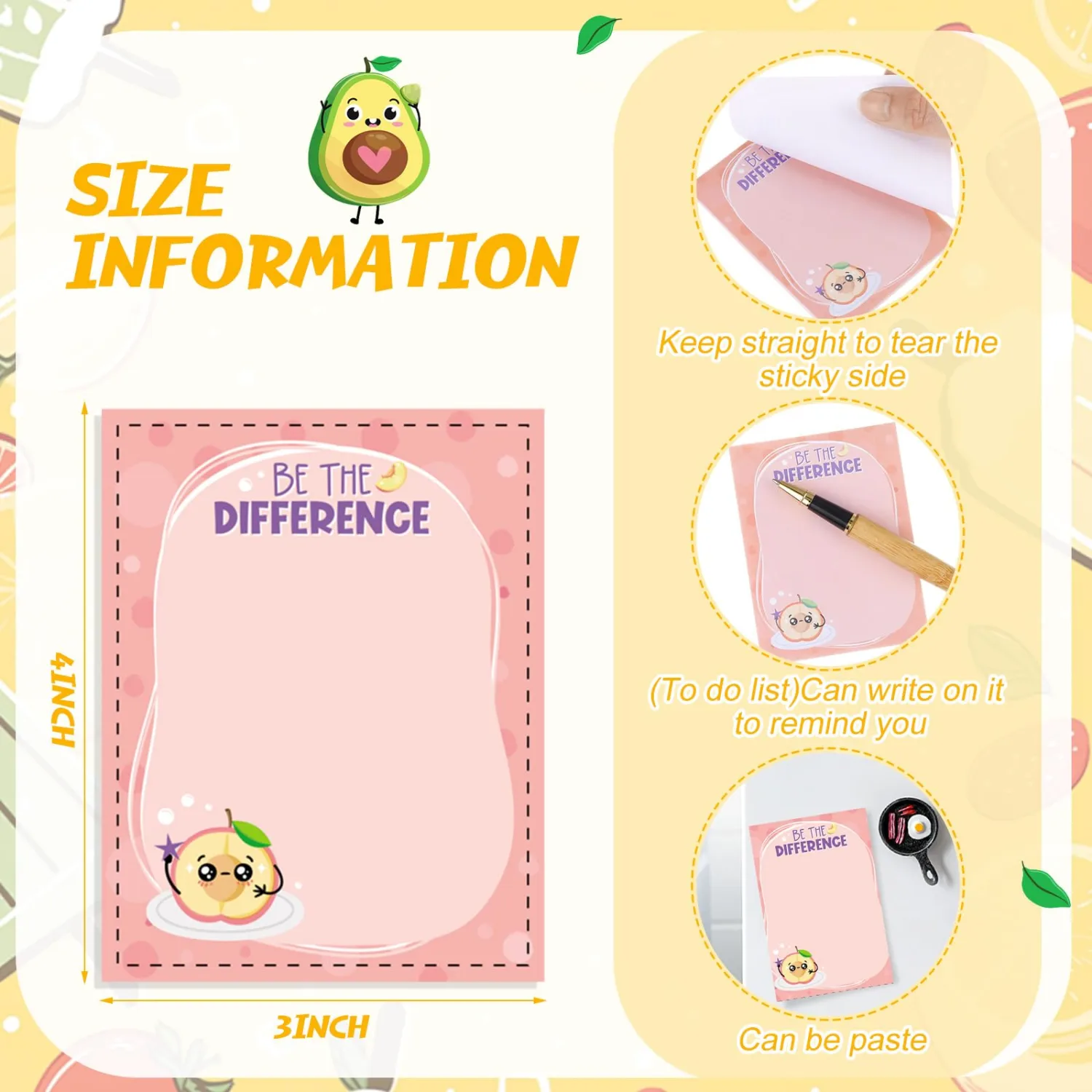 Chiisong 12 Pcs Fun Inspirational Sticky Notes Fruit Notepads