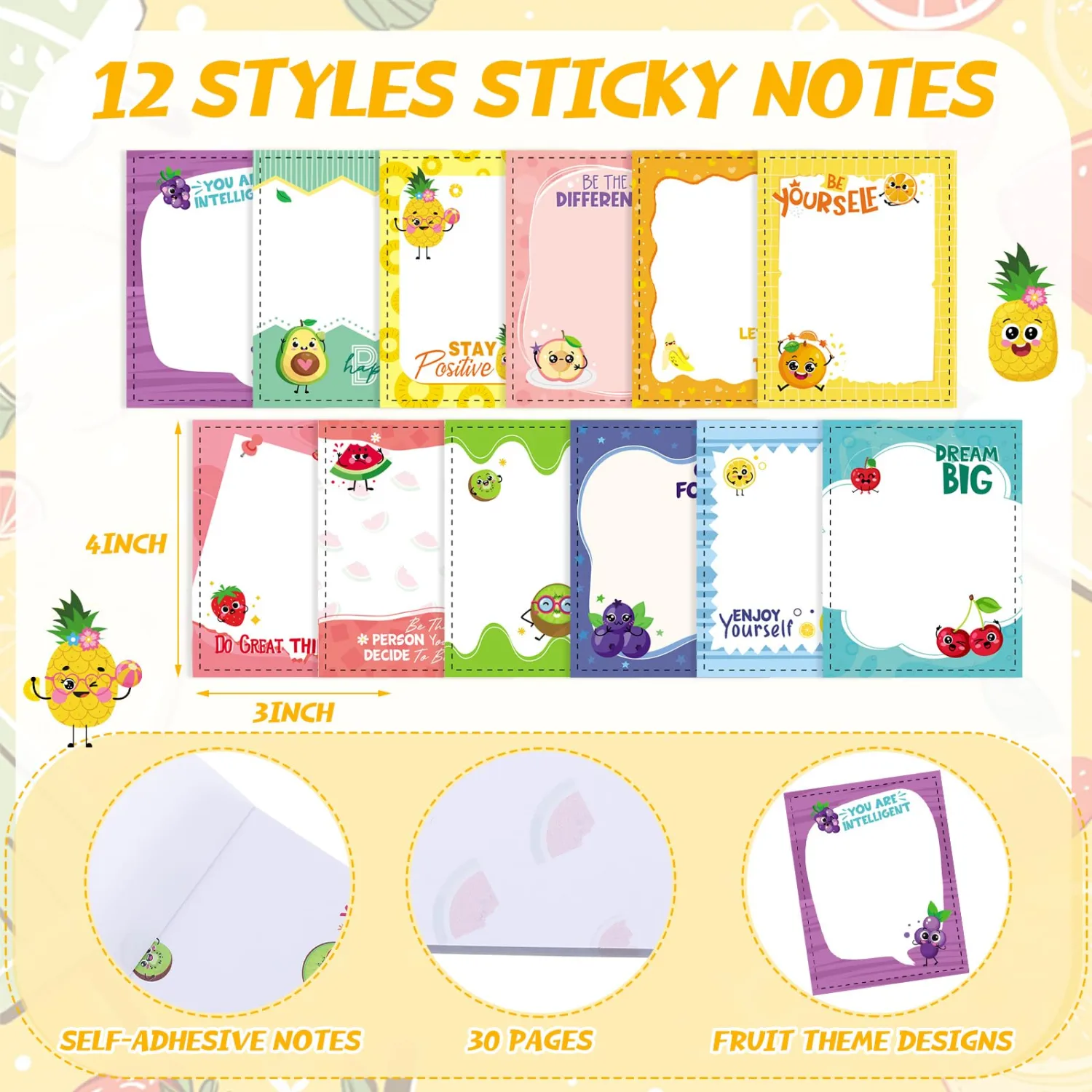 Chiisong 12 Pcs Fun Inspirational Sticky Notes Fruit Notepads