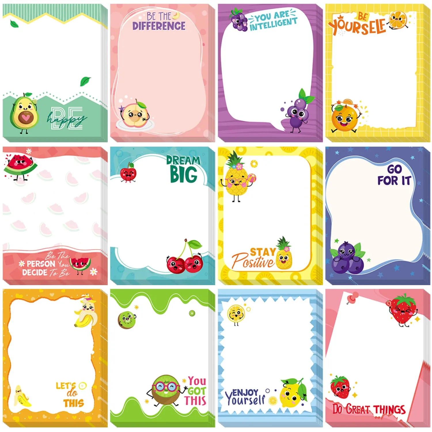 Chiisong 12 Pcs Fun Inspirational Sticky Notes Fruit Notepads