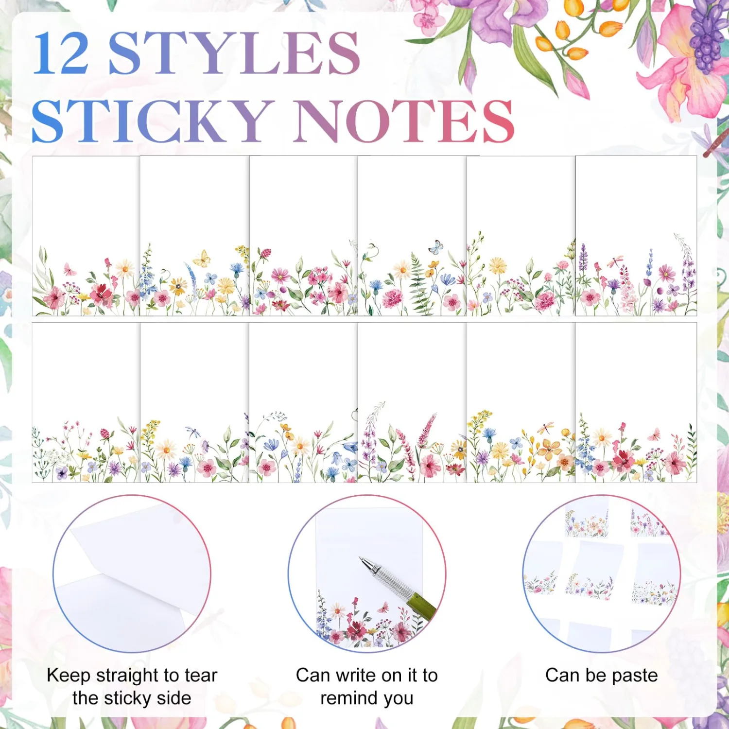 Chiisong 12 Pads Wildflower Sticky Notes Flower Sticky Notes
