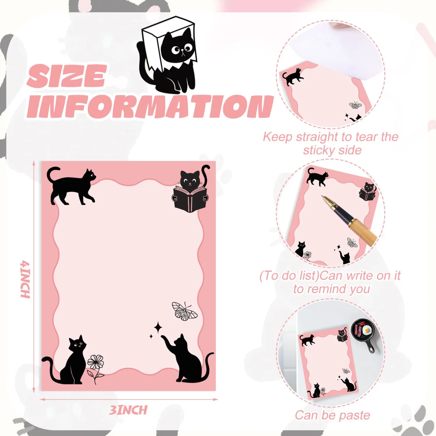 Chiisong 12 Pads Black Cat Sticky Notes, 3" x 4, ", Cat Notepad